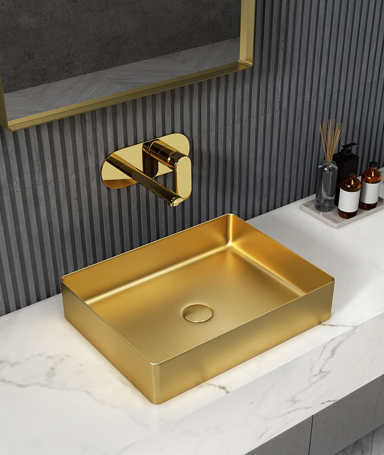 Rectangular 19" x 14 1/2" Stainless Steel Bathroom Vessel Sink with Drain in Gold