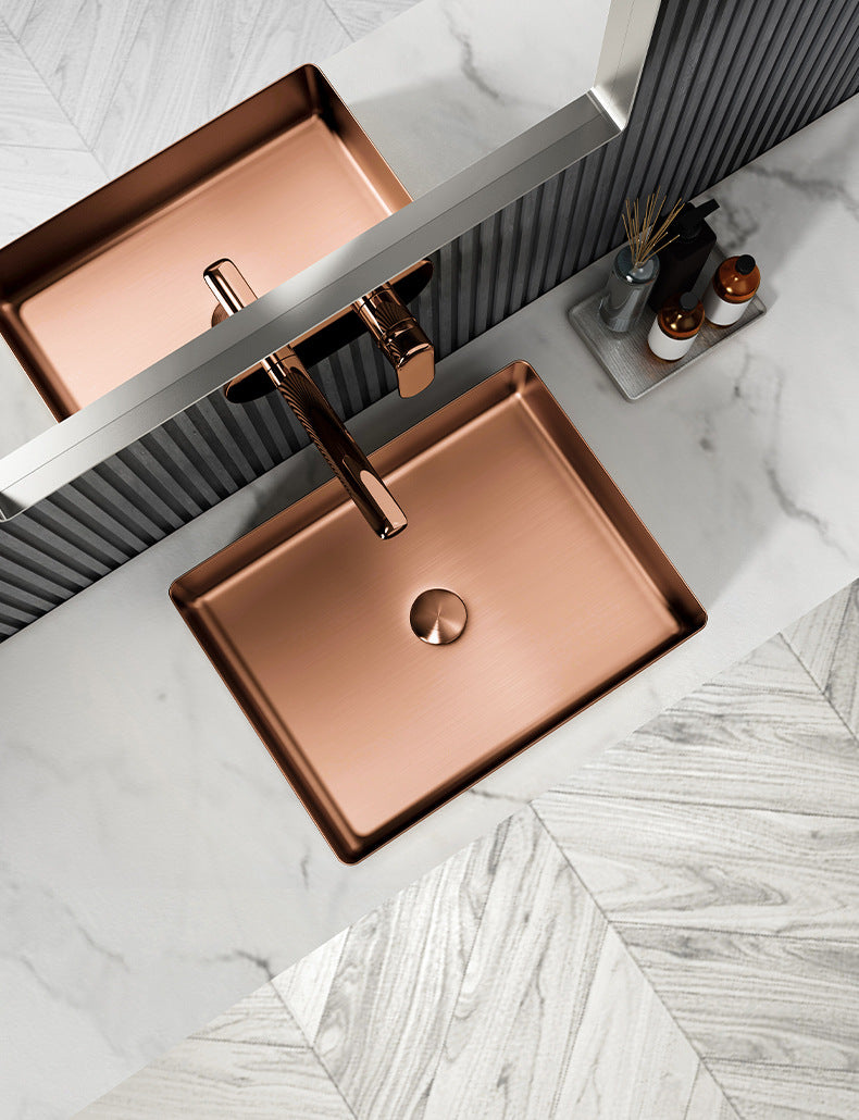 Rectangular 19" x 14 1/2" Stainless Steel Bathroom Vessel Sink with Drain in Rose Gold