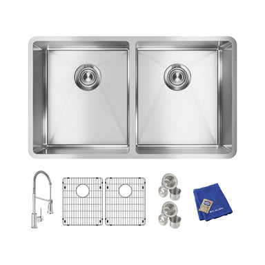 Elkay Crosstown 18 Gauge Stainless Steel 31-1/2" x 18-1/2" x 9", Equal Double Bowl Undermount Sink Kit with Faucet-Kitchen Sink & Faucet Combos-Elkay