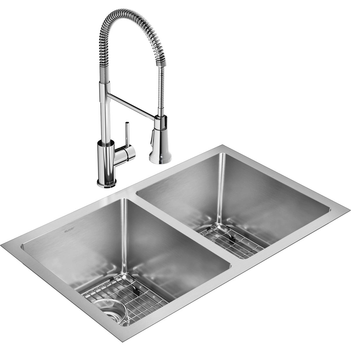 Elkay Crosstown 16 Gauge Stainless Steel, 30-3/4" x 18-1/2" x 10" Equal Double Bowl Undermount Sink Kit with Faucet-Kitchen Sink & Faucet Combos-Elkay