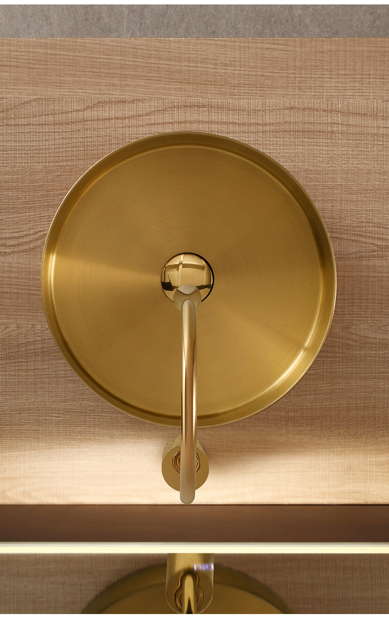 15" Round Stainless Steel Bathroom Vessel Sink with Drain in Gold