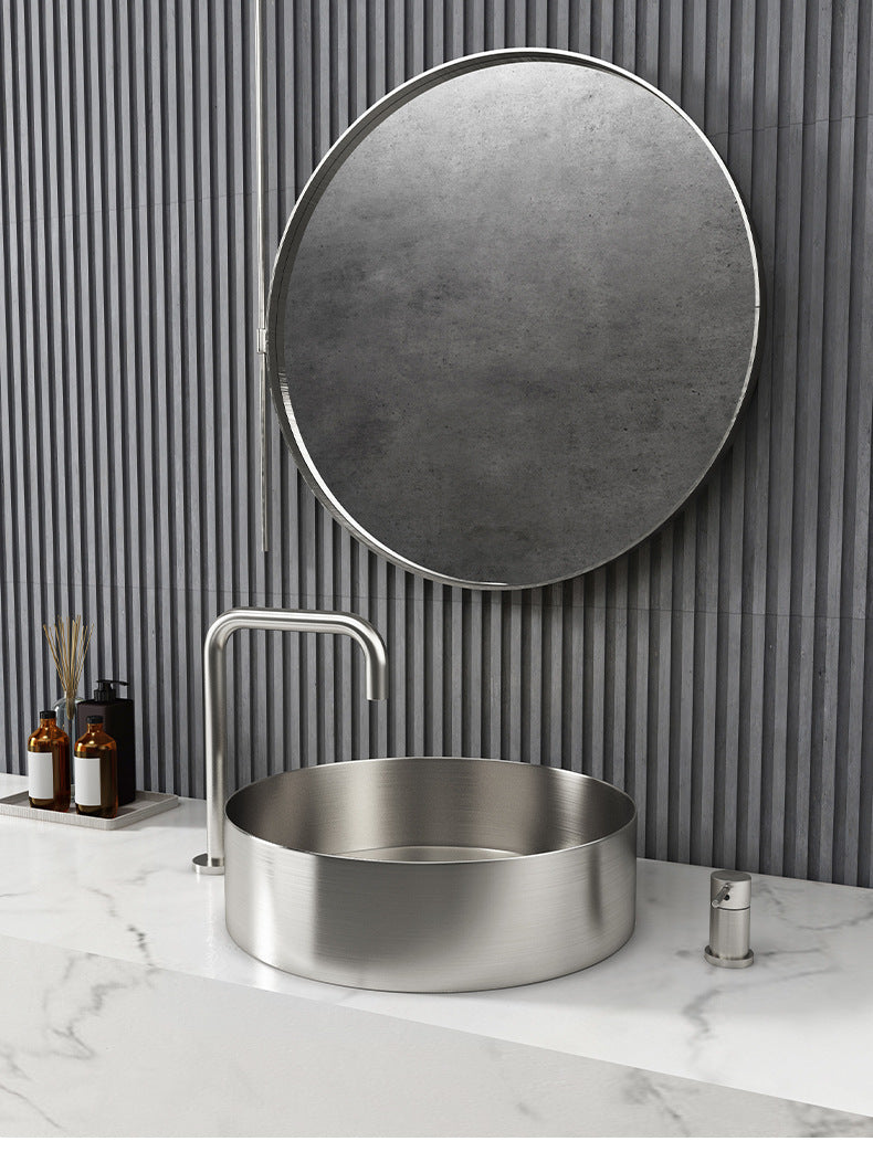 15" Round Stainless Steel Bathroom Vessel Sink with Drain in Silver
