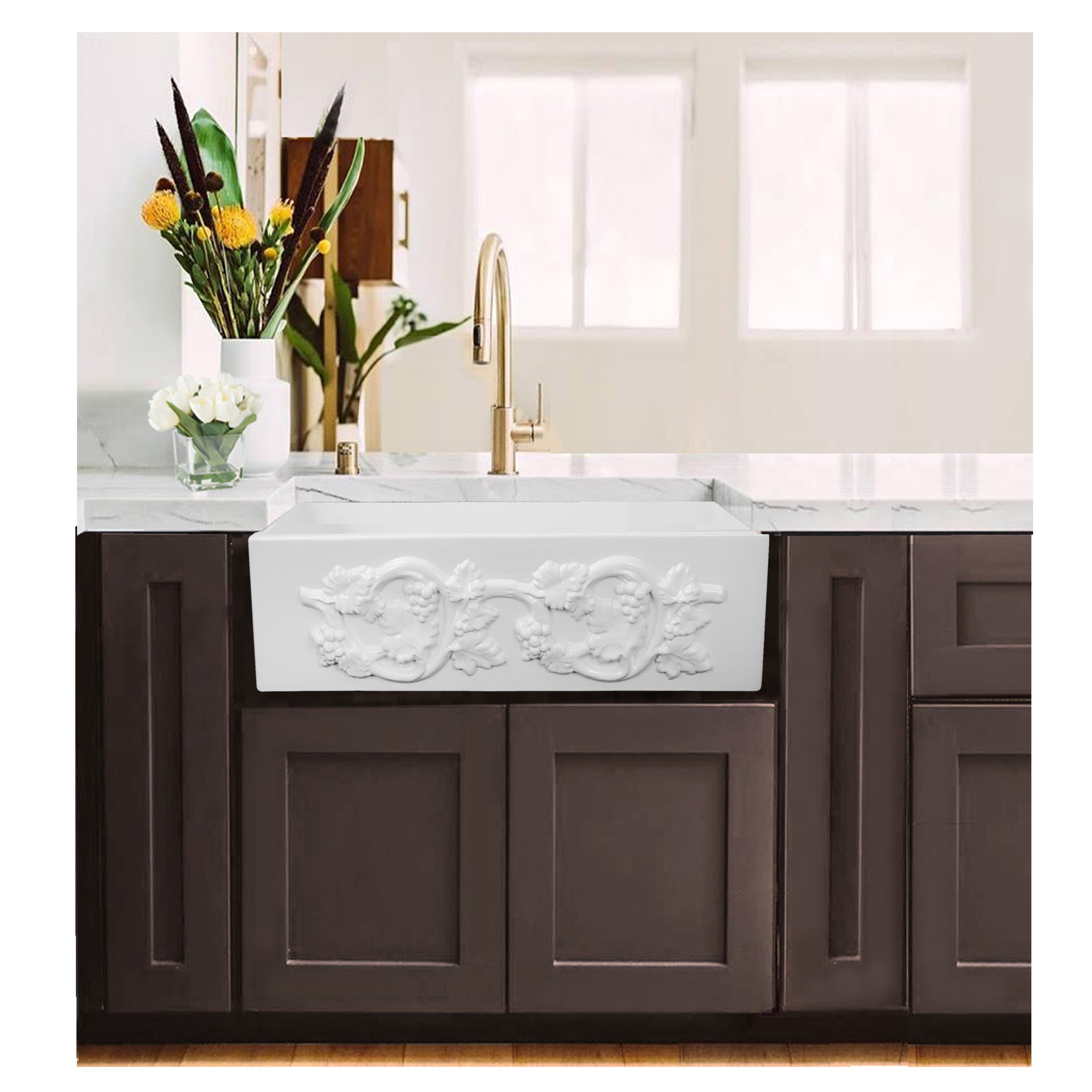 Nantucket Sinks 30" Farmhouse Fireclay Sink with Grapes Apron