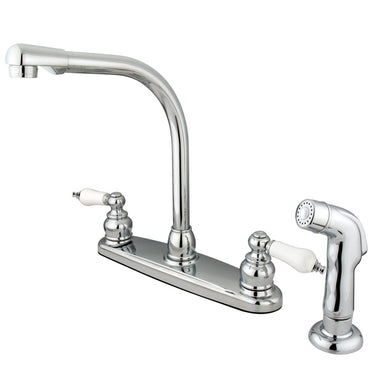 Kingston Brass Water Saving Victorian High Arch Kitchen Faucet with Sprayer and Oak and Porcelain Lever Handles-Kitchen Faucets-Free Shipping-Directsinks.