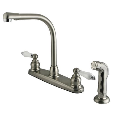 Kingston Brass Water Saving Victorian High Arch Kitchen Faucet with Oak and Porcelain Lever Handles and Sprayer-Kitchen Faucets-Free Shipping-Directsinks.