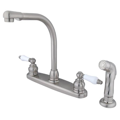 Kingston Brass Water Saving Victorian High Arch Kitchen Faucet with Oak and Porcelain Lever Handles and Sprayer-Kitchen Faucets-Free Shipping-Directsinks.