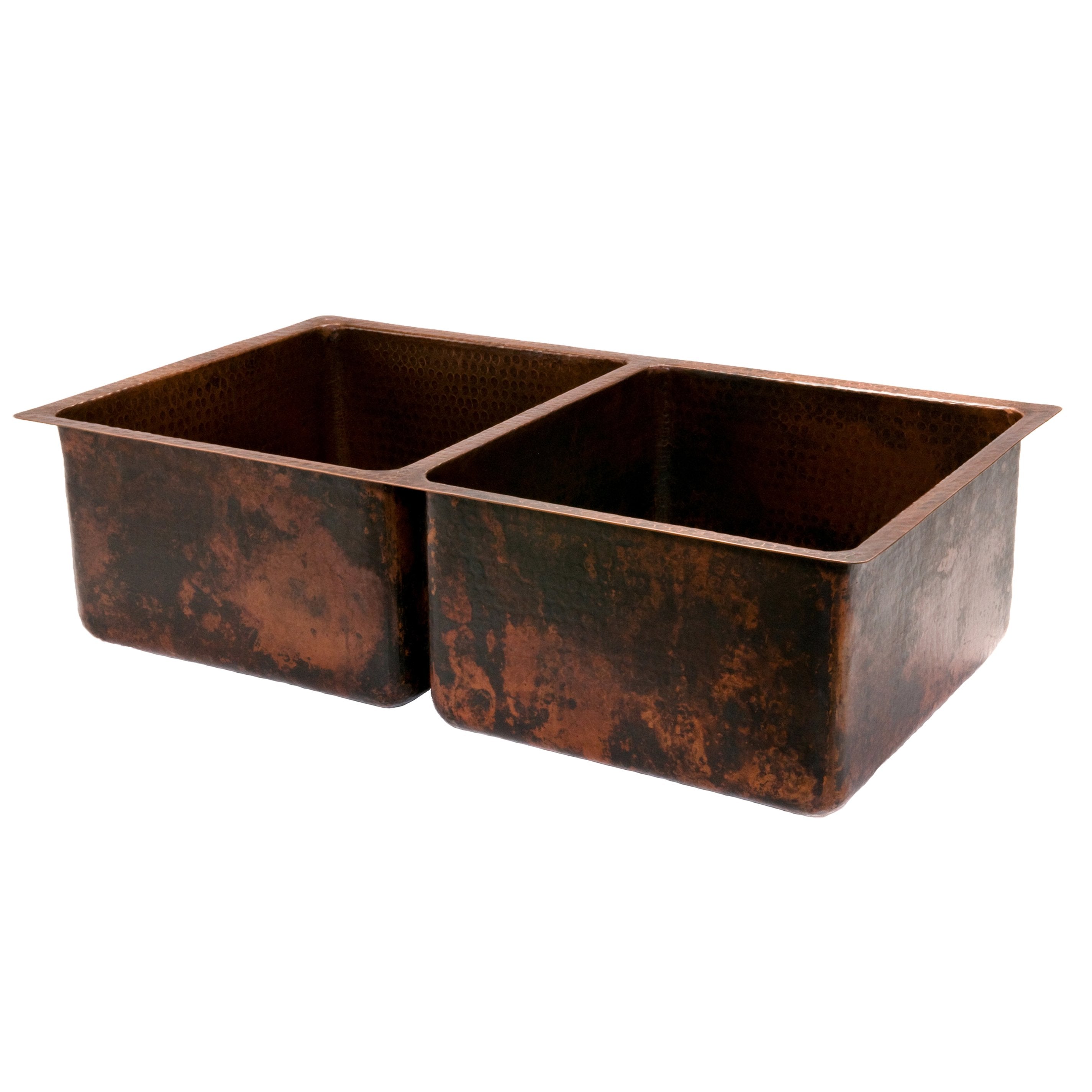 Premier Copper Products 33" Hammered Copper Kitchen 50/50 Double Basin Sink-DirectSinks