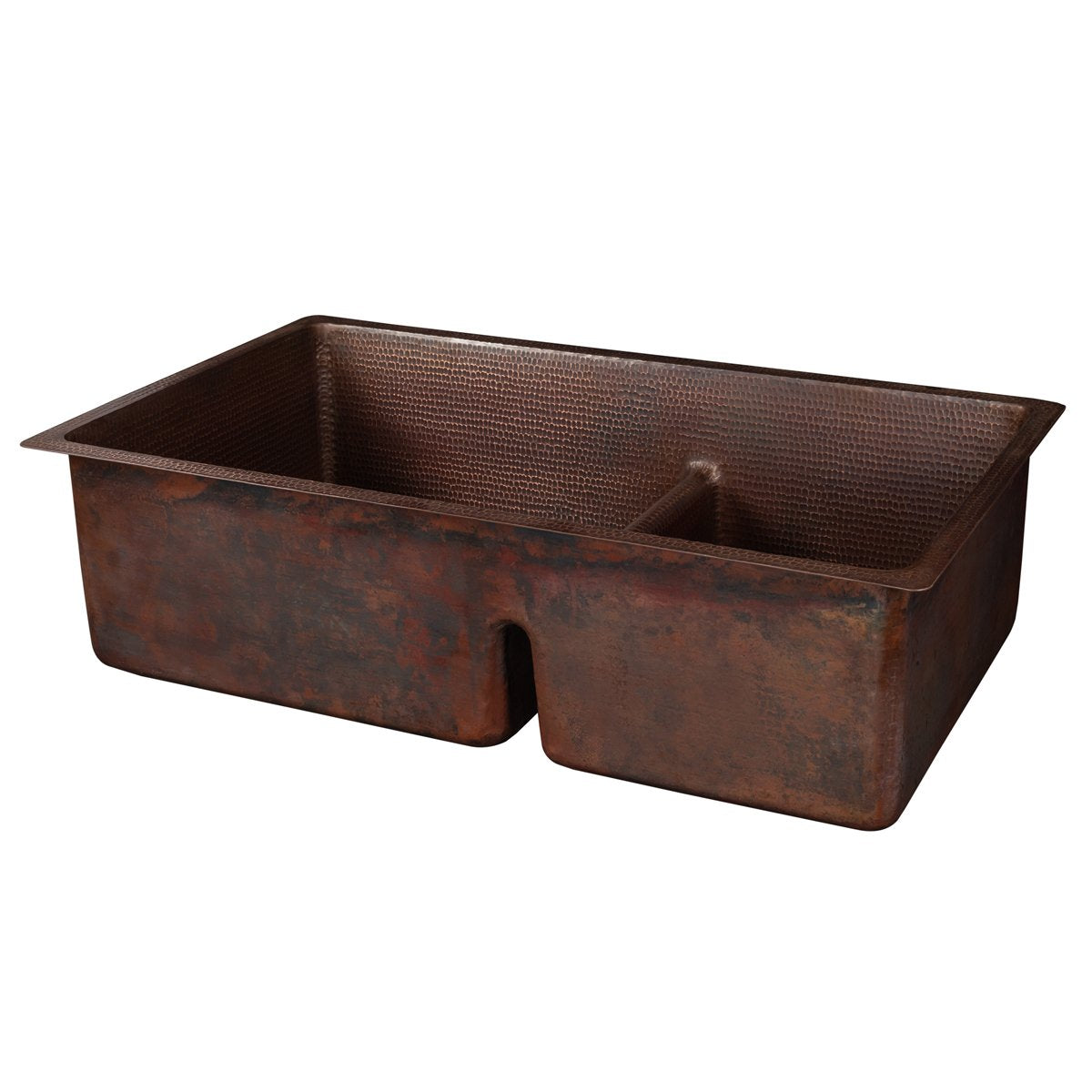 Premier Copper Products 33" Hammered Copper Kitchen 60/40 Double Basin Sink with Short 5" Divider-DirectSinks