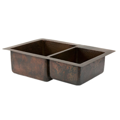 Premier Copper Products 33" Hammered Copper Kitchen 60/40 Double Basin Sink-DirectSinks
