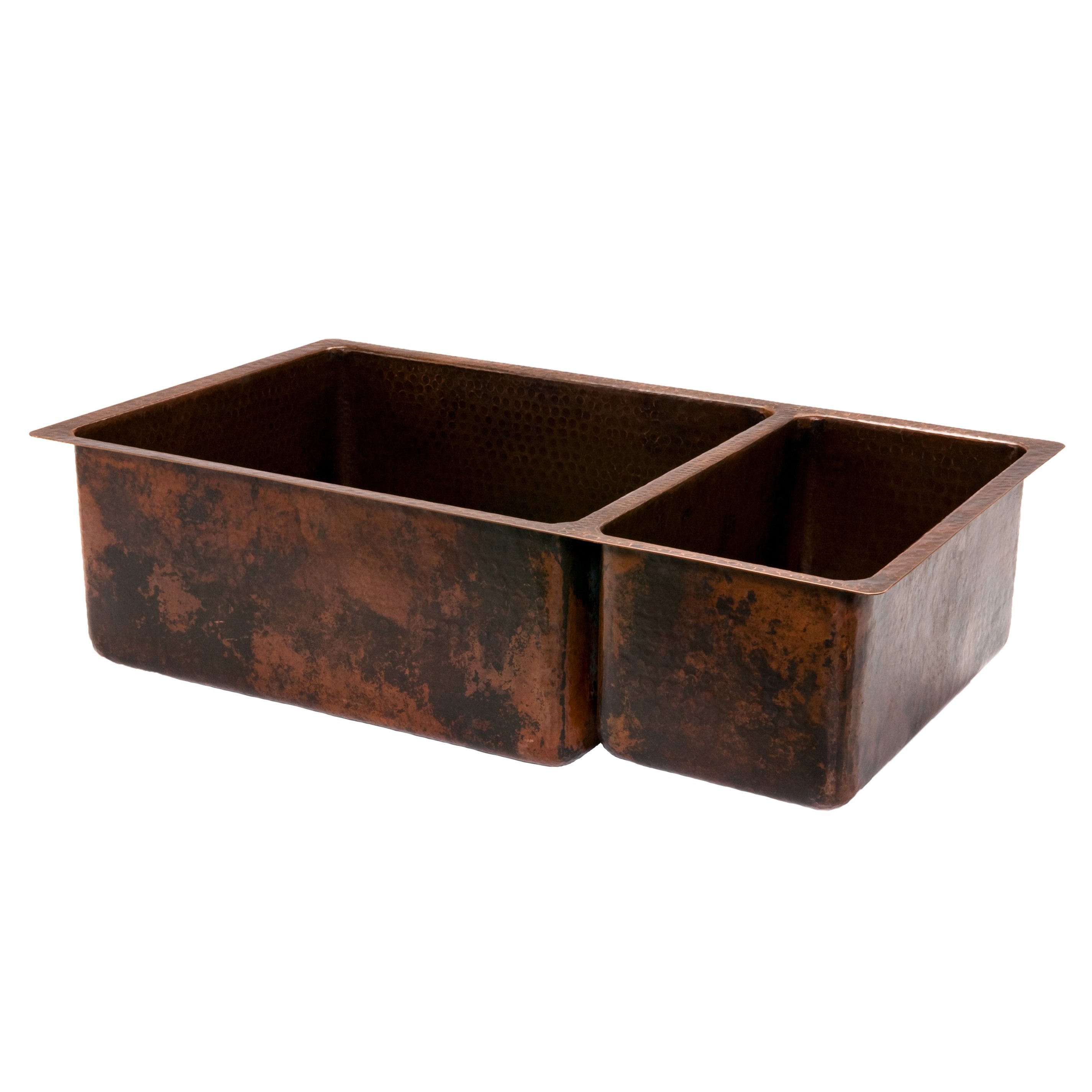Premier Copper Products 33" Hammered Copper Kitchen 75/25 Double Basin Sink-DirectSinks