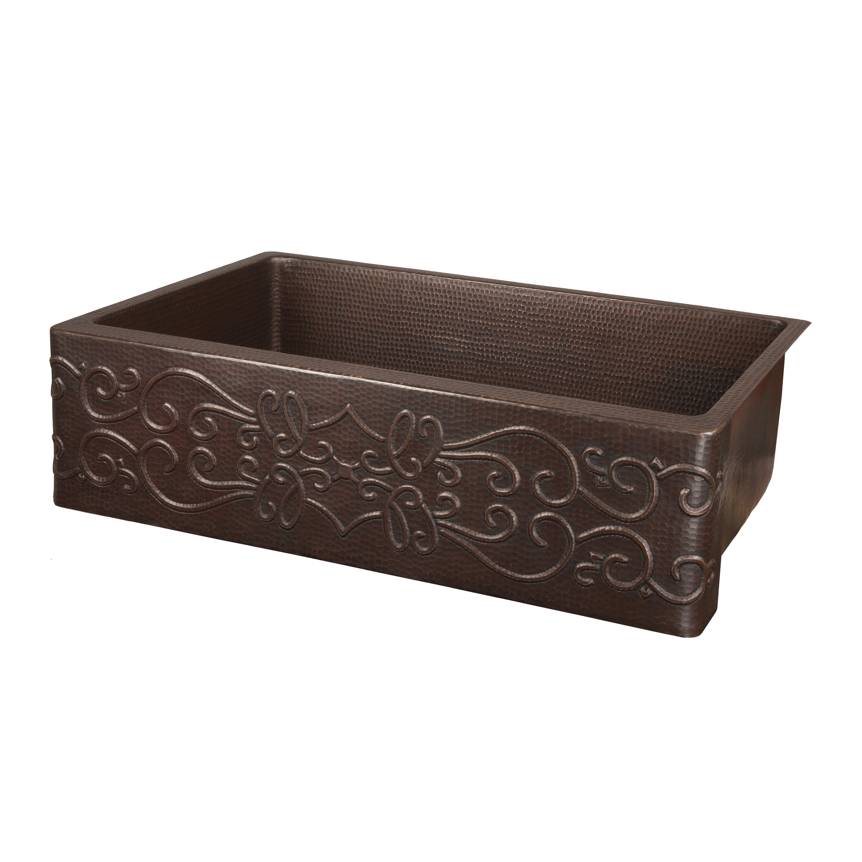 Premier Copper Products 30" Hammered Copper Kitchen Apron Single Basin Sink with Scroll Design-DirectSinks