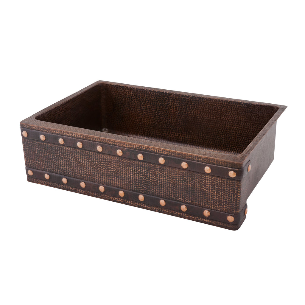 Premier Copper Products 33" Hammered Copper Kitchen Apron Single Basin Sink with Barrel Strap Design