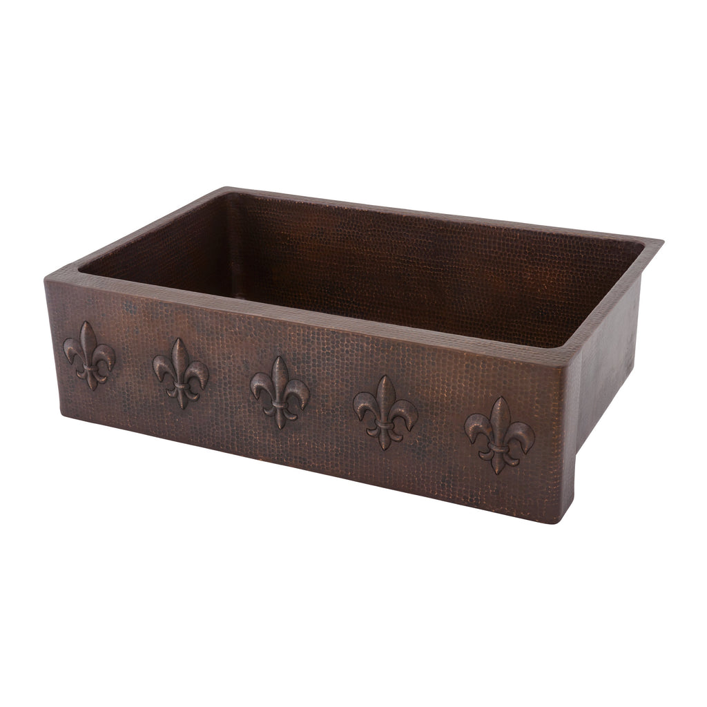 Premier Copper Products 33" Hammered Copper Kitchen Apron Single Basin Sink with Fleur De Lis