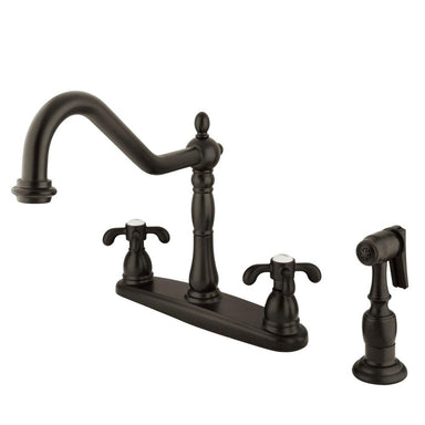 Kingston Brass French Country Double Handle 8" Centerset Kitchen Faucet with White Sprayer and Cross Handle-Kitchen faucets-Free Shipping-Directsinks.