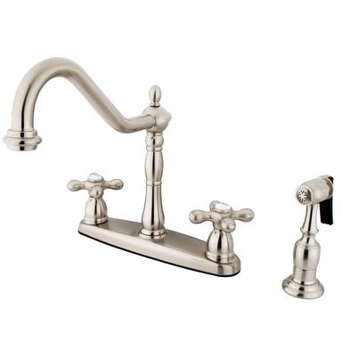 Kingston Brass Heritage 8" Center Kitchen Faucet with Brass Sprayer and Cross Handle-Kitchen faucets-Free Shipping-Directsinks.