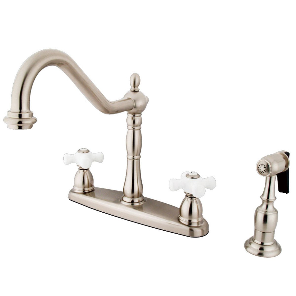 Kingston Brass Heritage 8" Center Kitchen Faucet with Brass Sprayer and Porcelain Cross Handle-Kitchen faucets-Free Shipping-Directsinks.