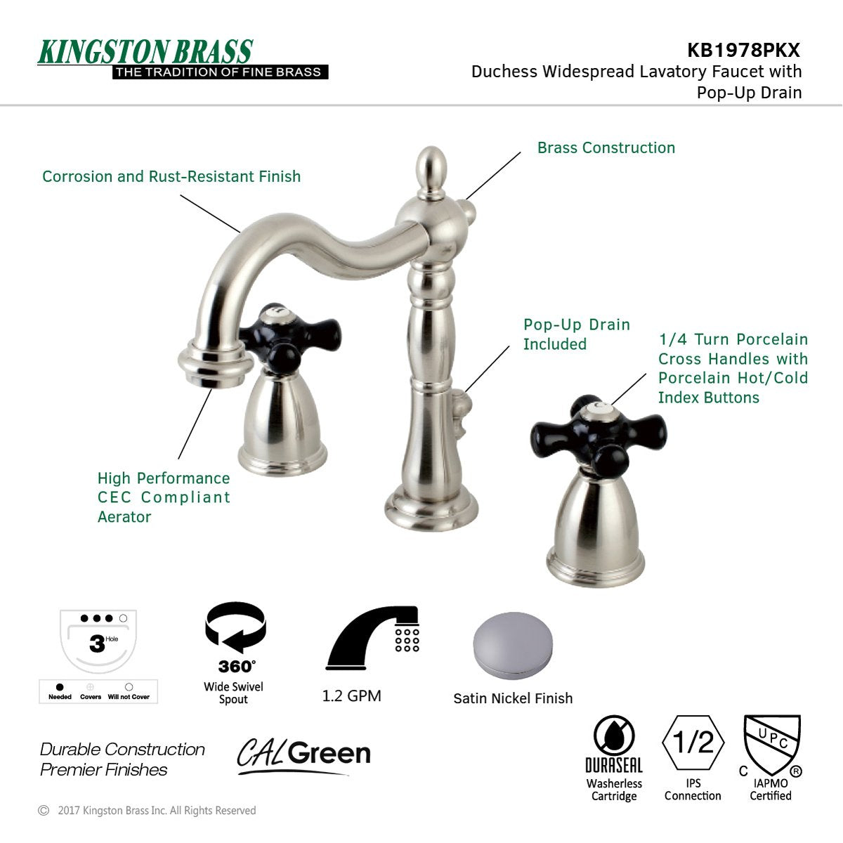 Kingston Brass Duchess 3-Hole 8-Inch Widespread Bathroom Faucet