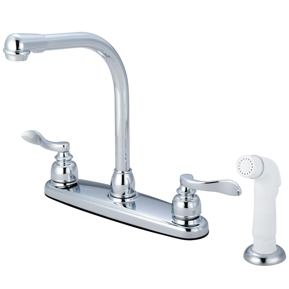 Kingston Brass Nuwave French Double Handle 8" Centerset High-Arch Kitchen Faucet with White Sprayer-Kitchen Faucets-Free Shipping-Directsinks.