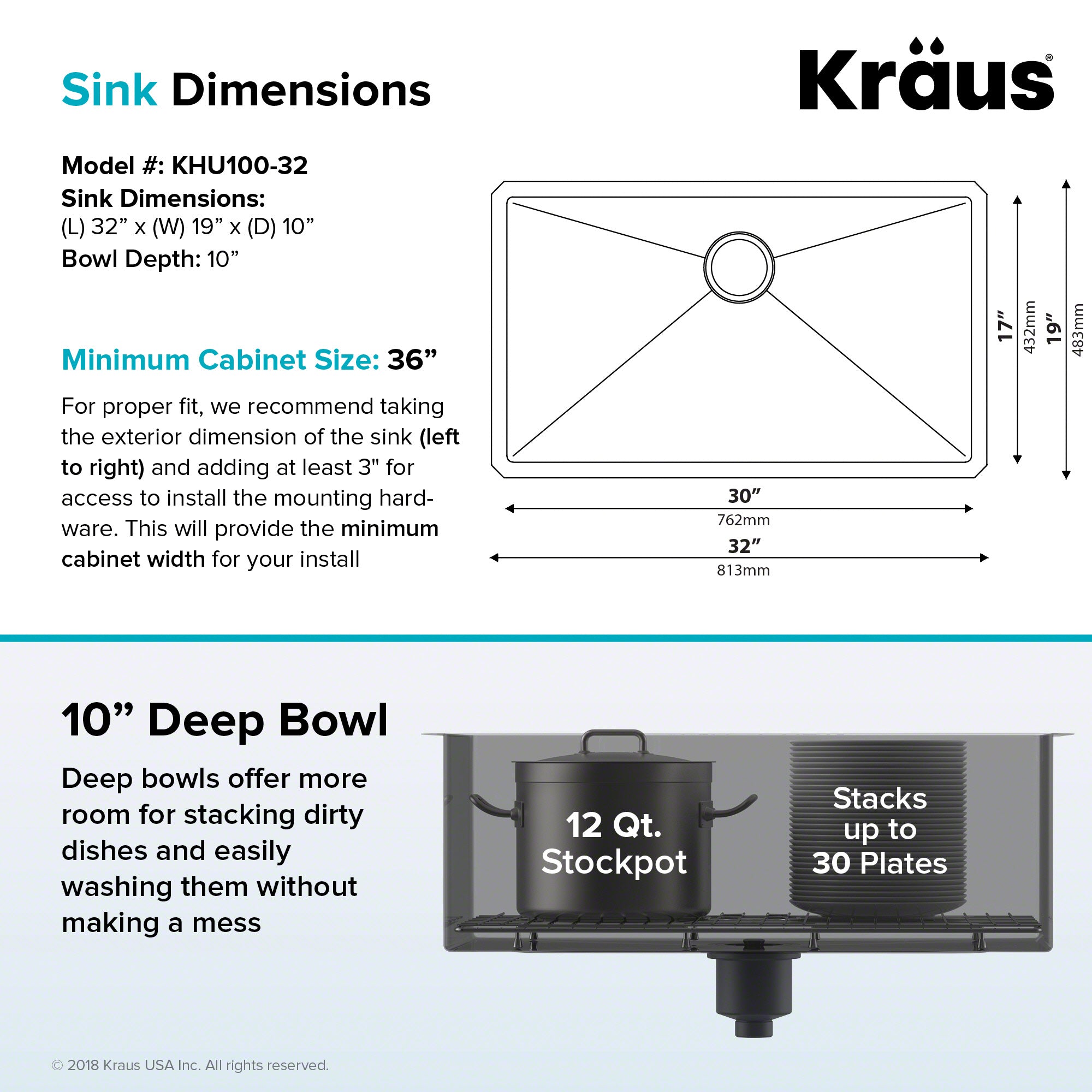 KRAUS 32" Undermount 16 Gauge Single Bowl Stainless Steel Small Radius Kitchen Sink
