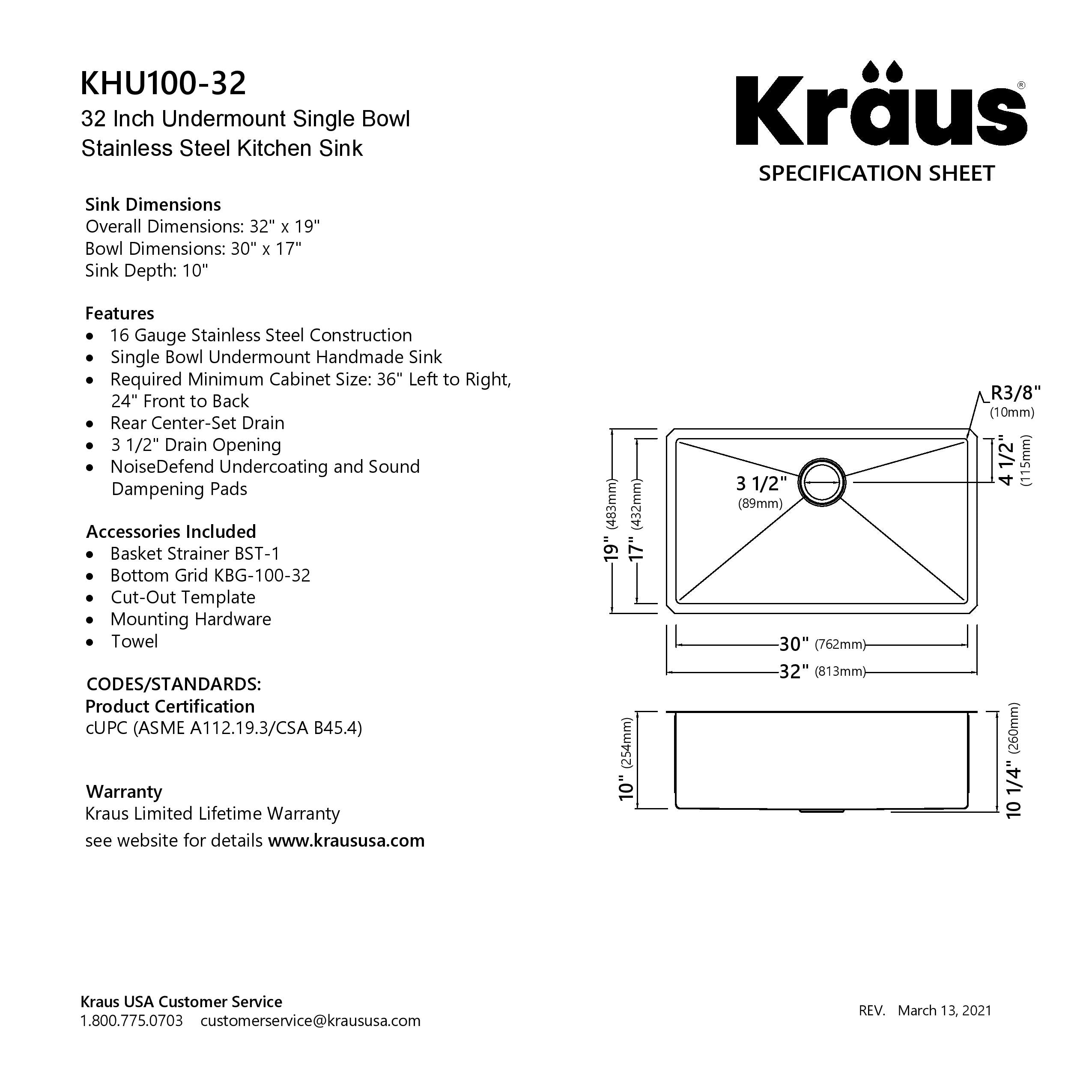 KRAUS 32" Undermount 16 Gauge Single Bowl Stainless Steel Small Radius Kitchen Sink