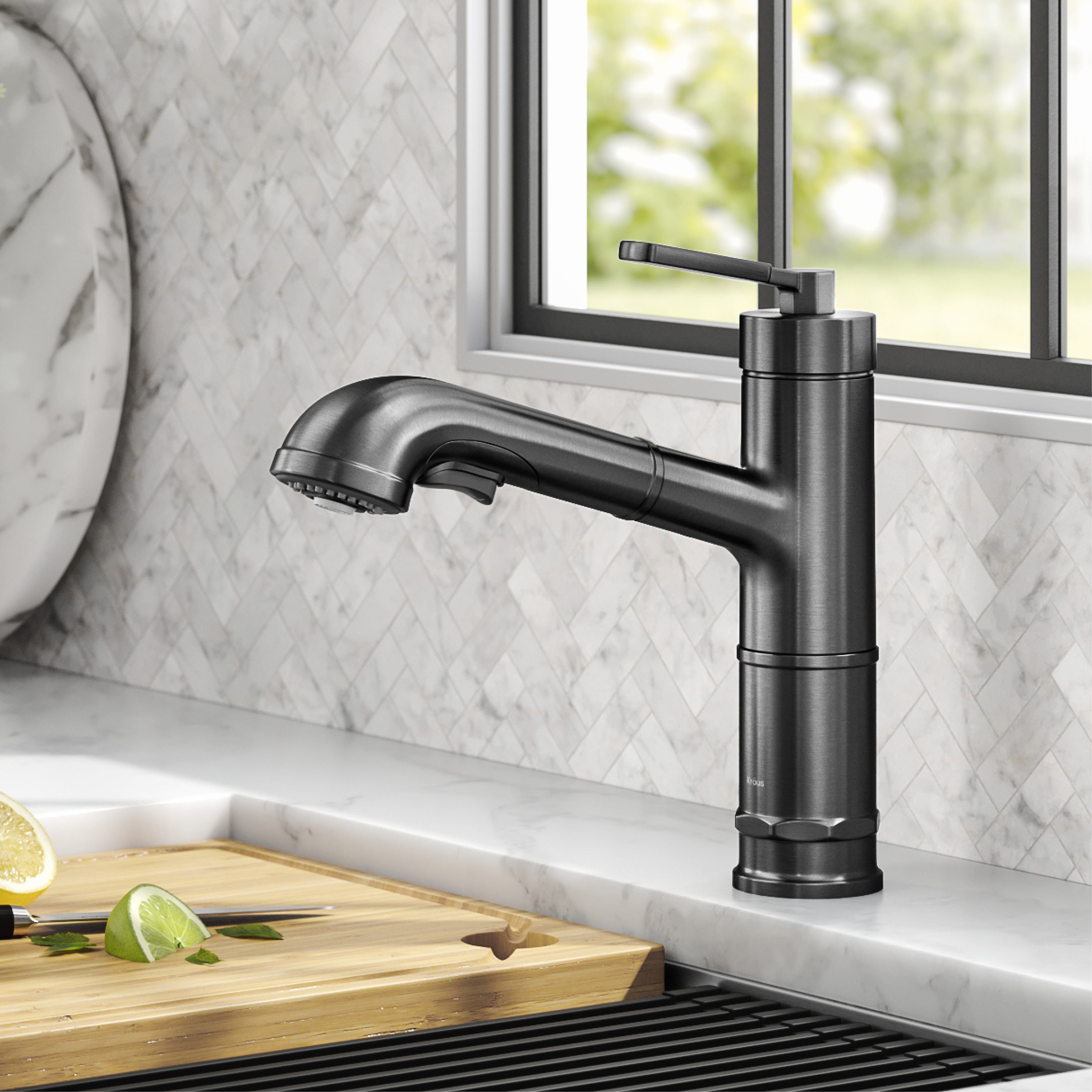 KRAUS Allyn Industrial Pull-Out Single Handle Kitchen Faucet in Black Stainless