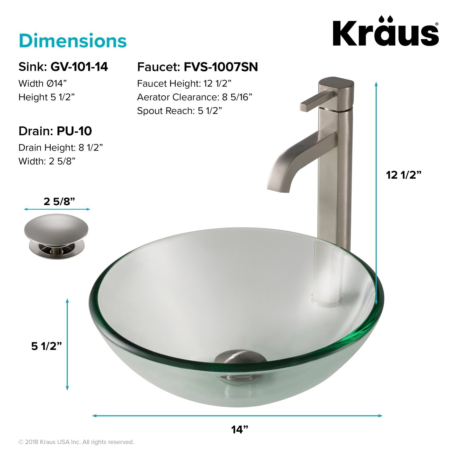 KRAUS 14-Inch Clear Glass Bathroom Vessel Sink and Ramus Faucet Combo Set with Pop-Up Drain-Bathroom Sinks & Faucet Combos-DirectSinks