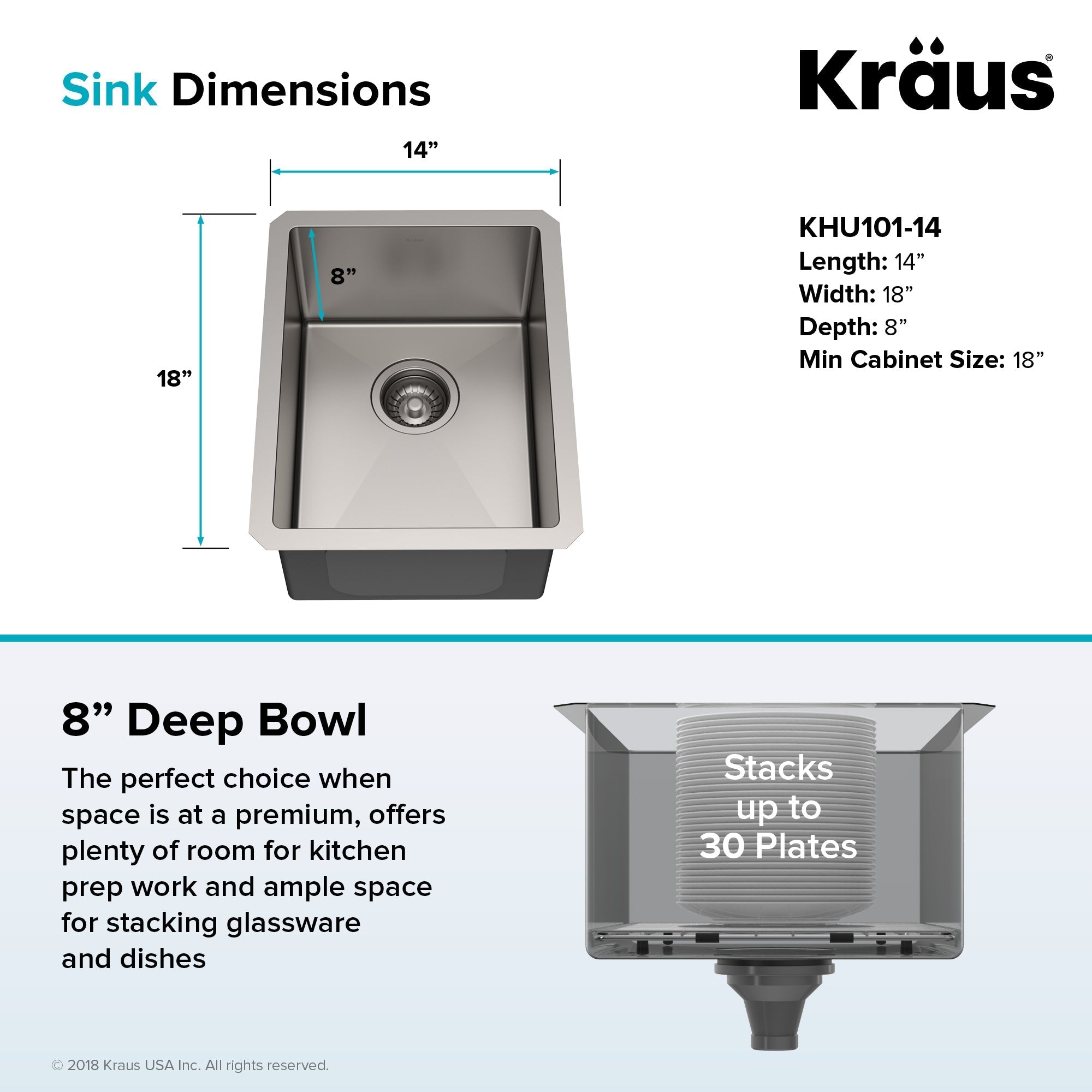 KRAUS 14" Undermount Single Bowl Stainless Steel Kitchen Bar Sink-Kitchen Sinks-DirectSinks