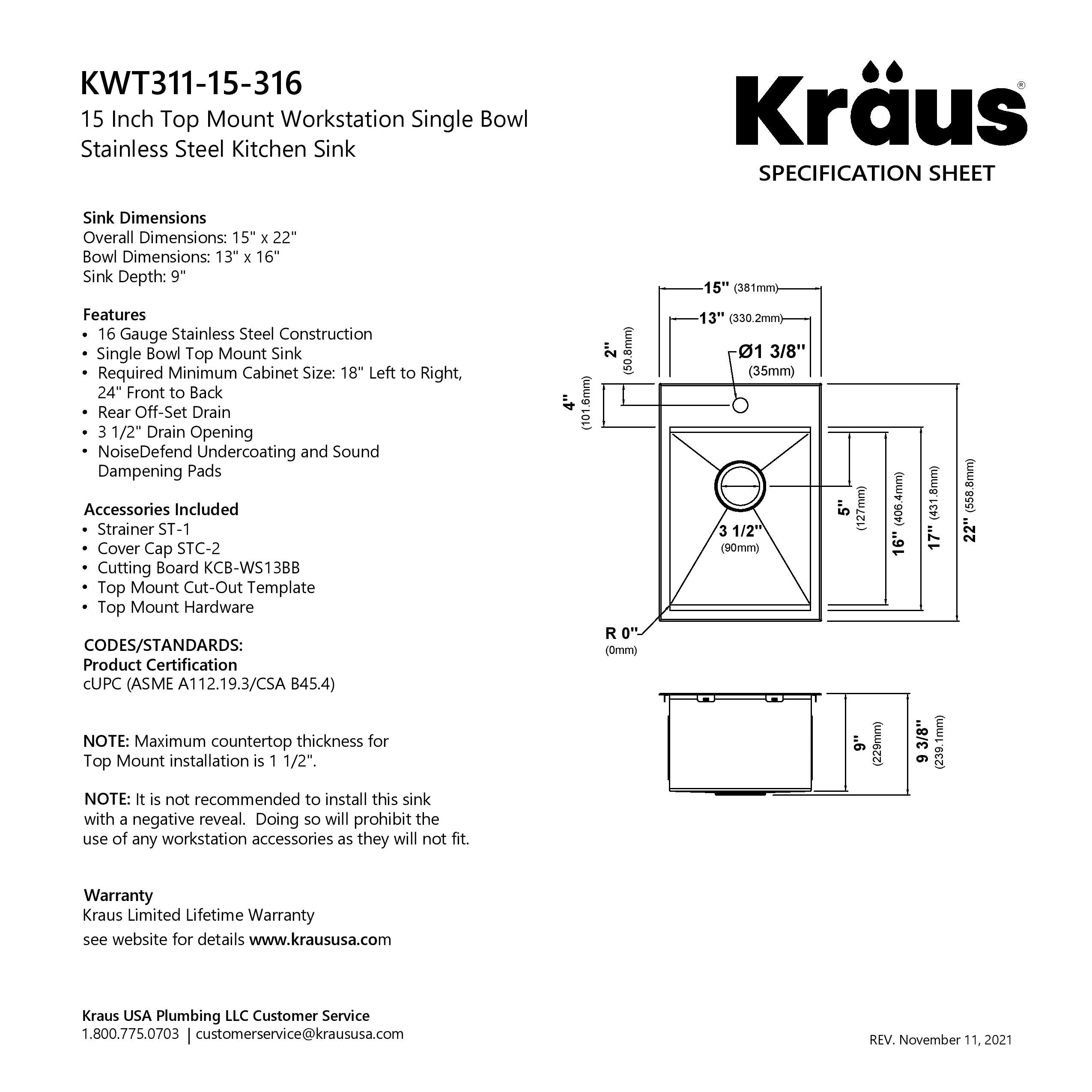 KRAUS 15" x 22" Outdoor Marine Grade Workstation Drop-In T-316 Stainless Steel Bar Sink
