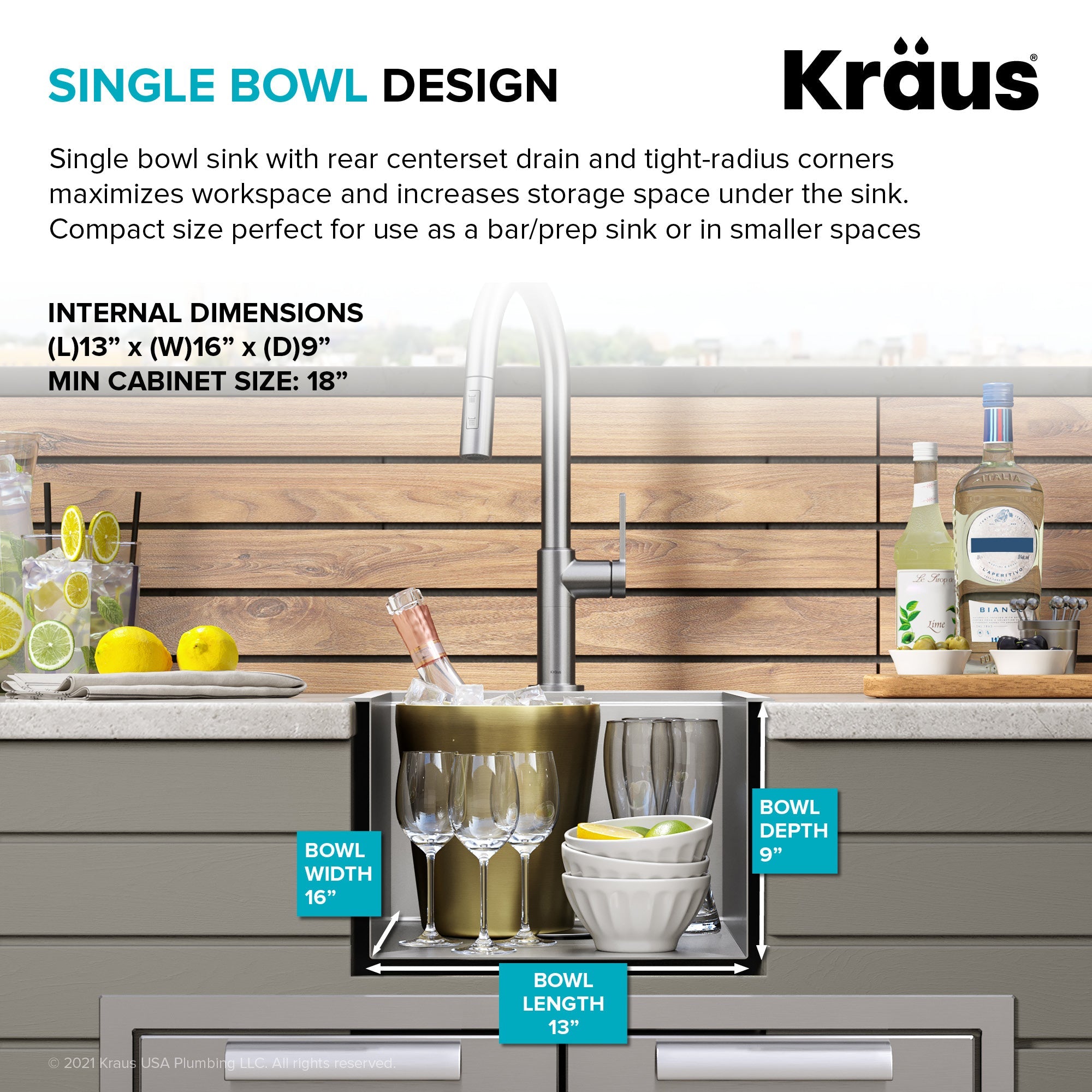 Kraus KWT311-15-316 Kore 15 inch Outdoor Workstation Drop-In 16 Gauge Marine Grade T-316 Stainless Steel Single Bowl Kitchen Bar Sink with Accessories