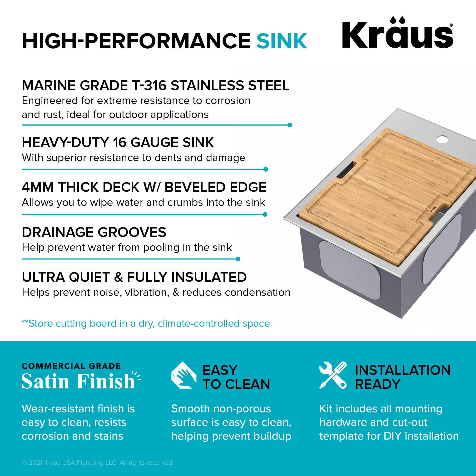 KRAUS 15" x 22" Outdoor Marine Grade Workstation Drop-In T-316 Stainless Steel Bar Sink