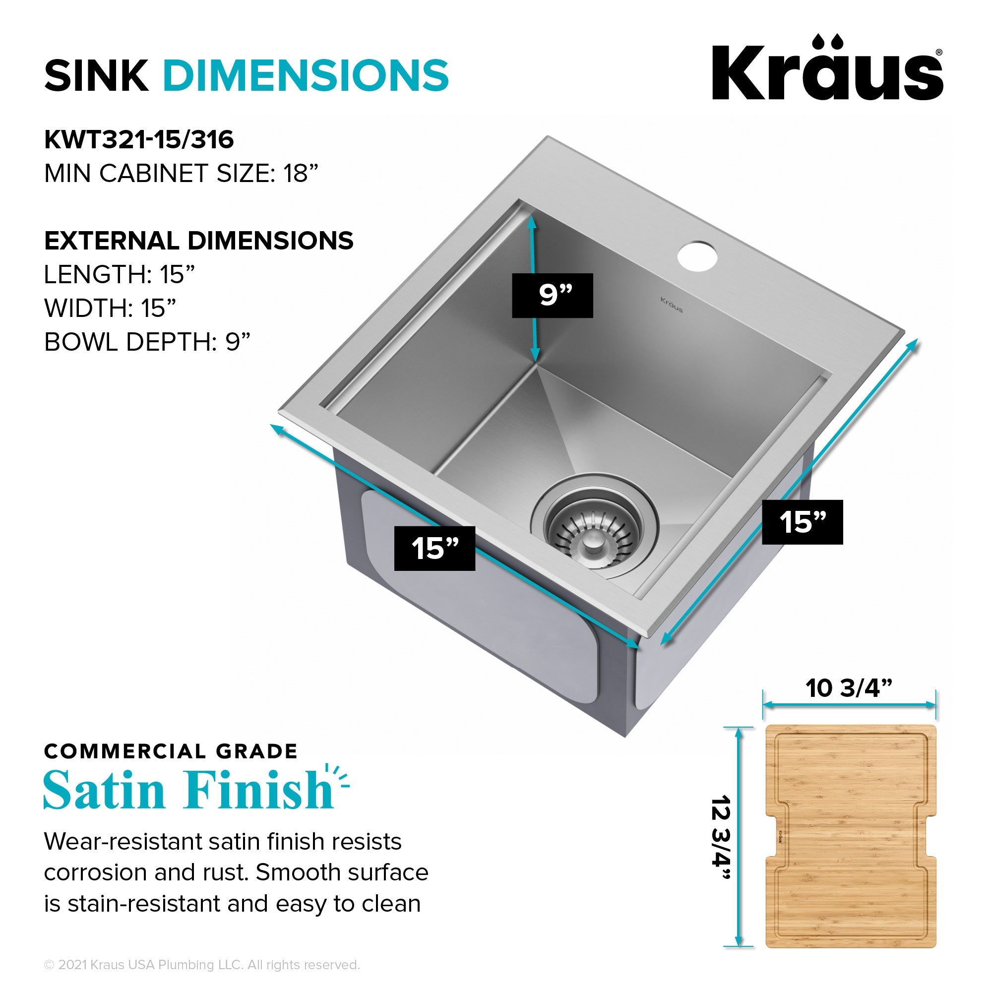 KRAUS 15"x 15" Outdoor Marine Grade Workstation Drop-In T316 Stainless Steel Bar Sink