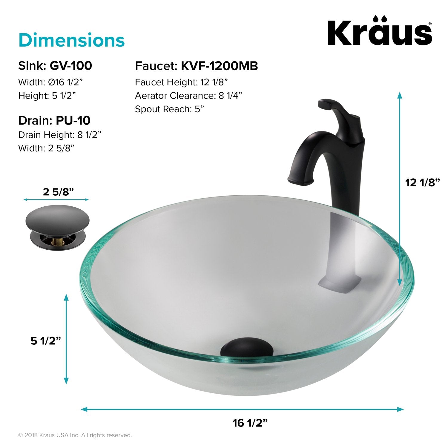 KRAUS 16 1/2-Inch Crystal Clear Glass Bathroom Vessel Sink and Arlo Faucet Combo Set with Pop-Up Drain-Bathroom Sinks & Faucet Combos-DirectSinks