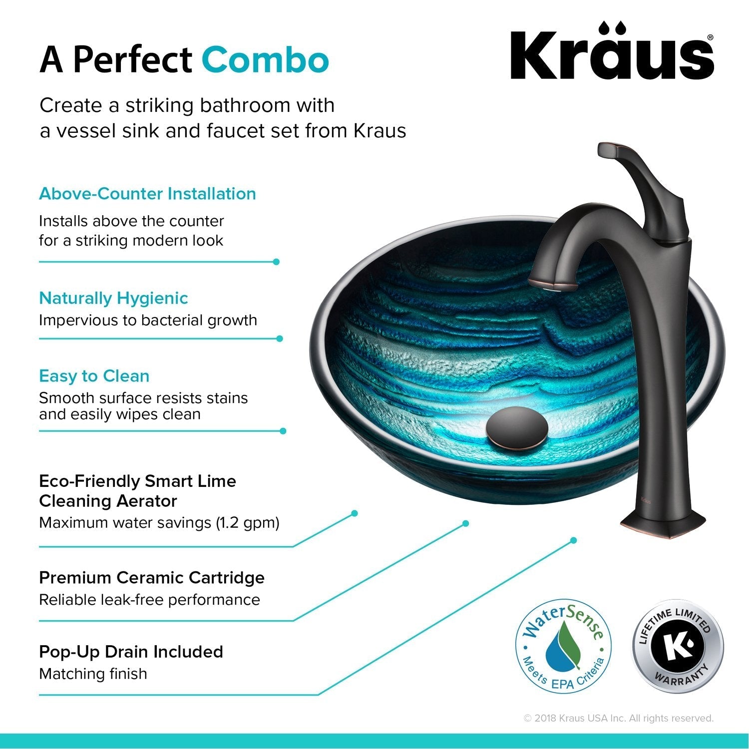 KRAUS 17-Inch Blue Glass Nature Series Bathroom Vessel Sink and Arlo Faucet Combo Set with Pop-Up Drain-Bathroom Sinks & Faucet Combos-DirectSinks