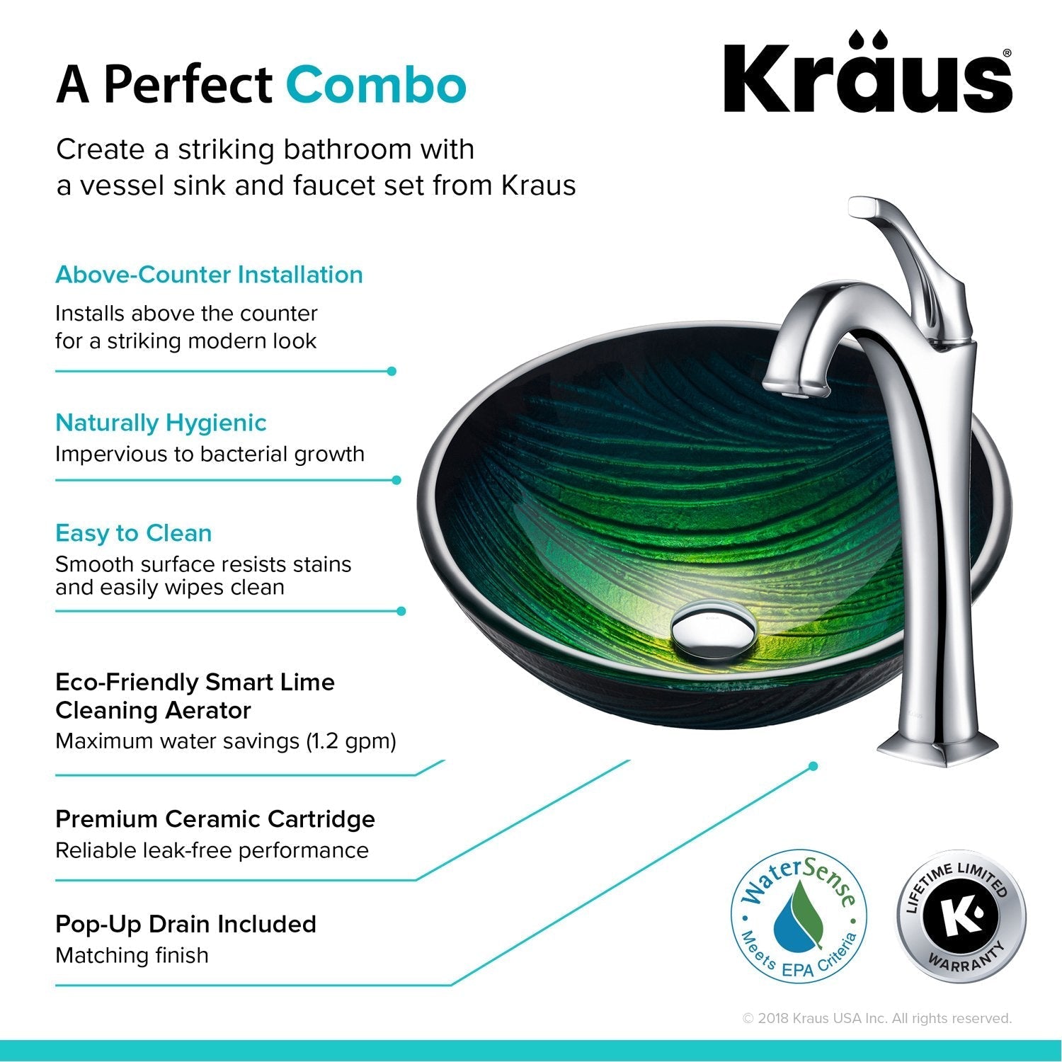 KRAUS 17-Inch Green Glass Nature Series Bathroom Vessel Sink and Arlo Faucet Combo Set with Pop-Up Drain-Bathroom Sinks & Faucet Combos-DirectSinks
