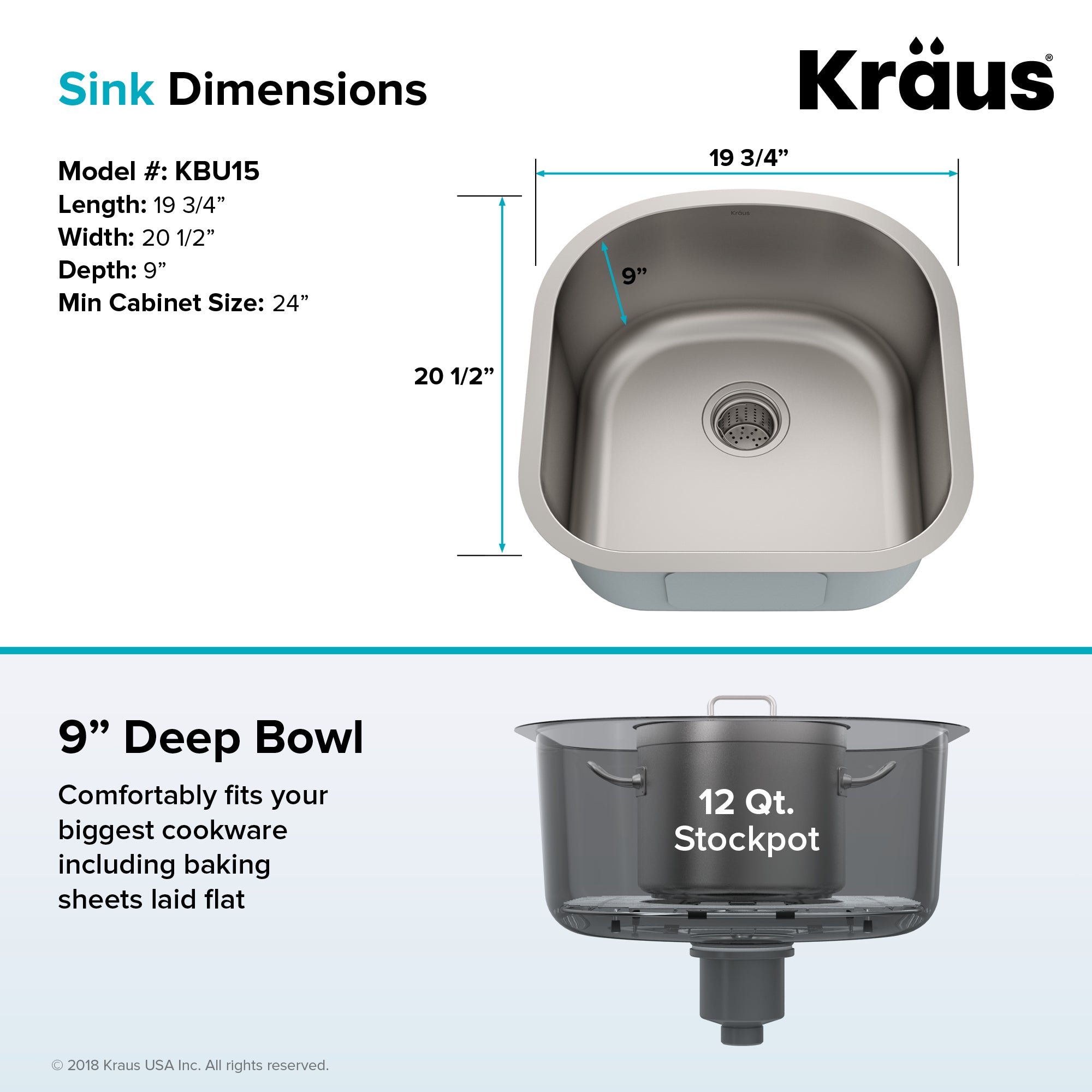 KRAUS 20" Undermount Single Bowl 16 Gauge Stainless Steel Kitchen Sink with NoiseDefend Soundproofing-Kitchen Sinks-DirectSinks