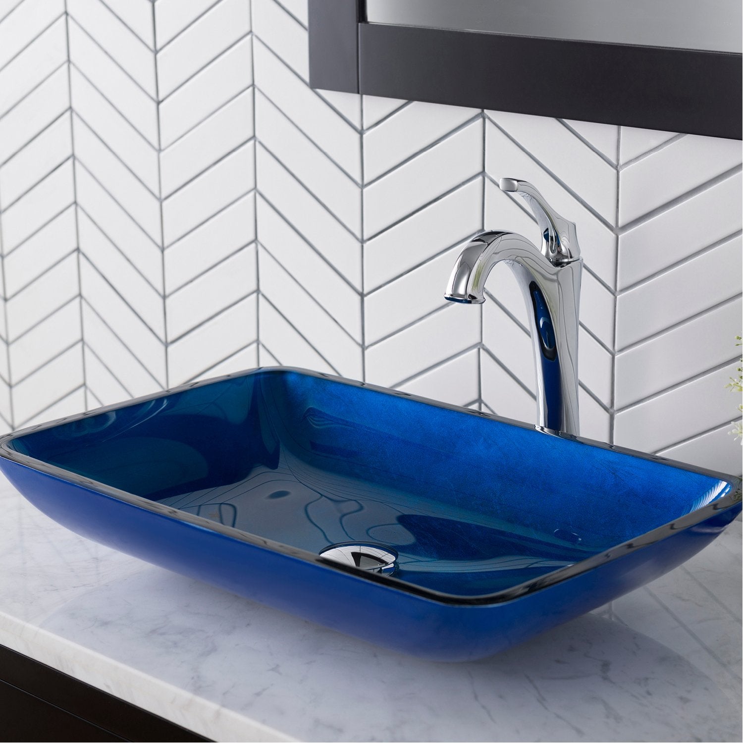 KRAUS 22-Inch Rectangular Blue Glass Bathroom Vessel Sink and Arlo Faucet  Combo Set with Pop-Up Drain