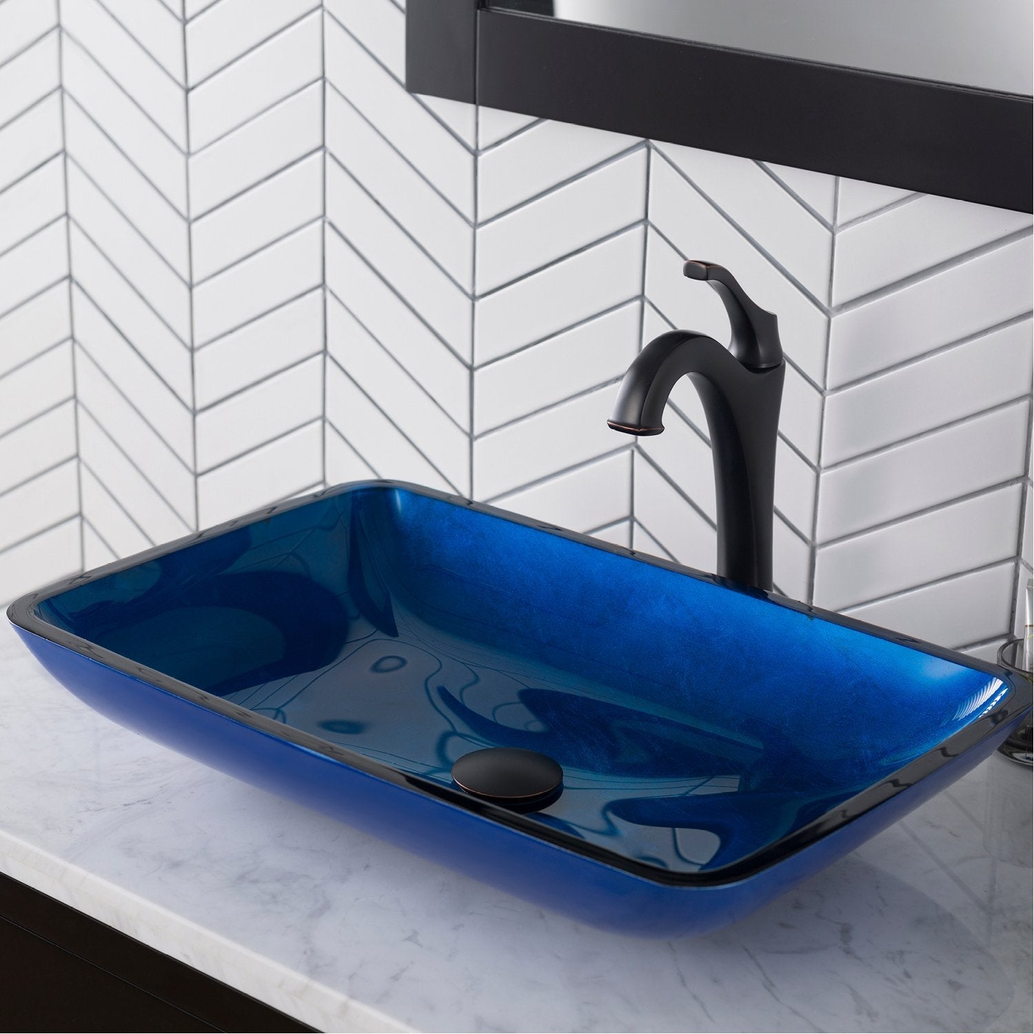 KRAUS 22-Inch Rectangular Blue Glass Bathroom Vessel Sink and Arlo Faucet Combo Set with Pop-Up Drain-Bathroom Sinks & Faucet Combos-DirectSinks
