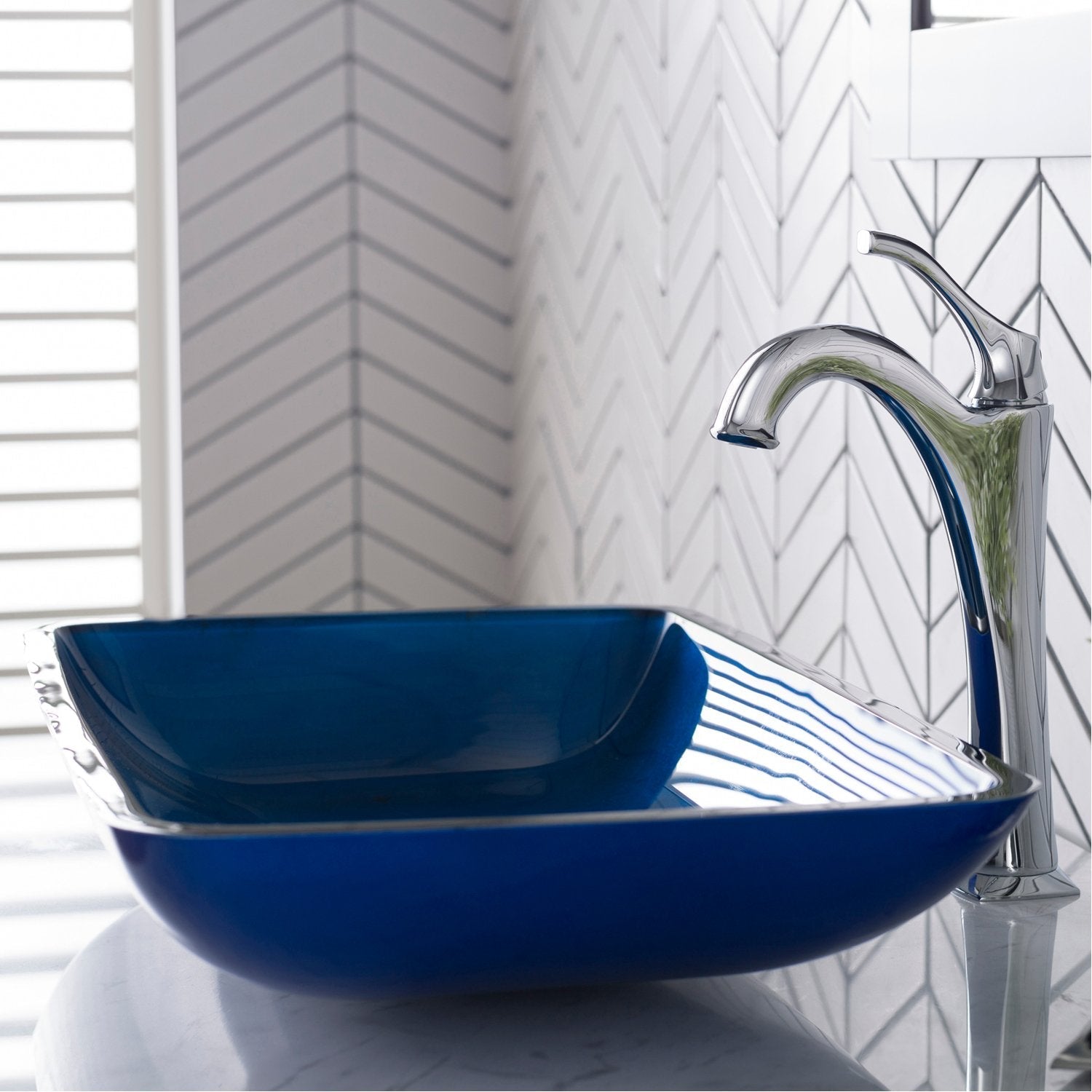 KRAUS 22-Inch Rectangular Blue Glass Bathroom Vessel Sink and Arlo