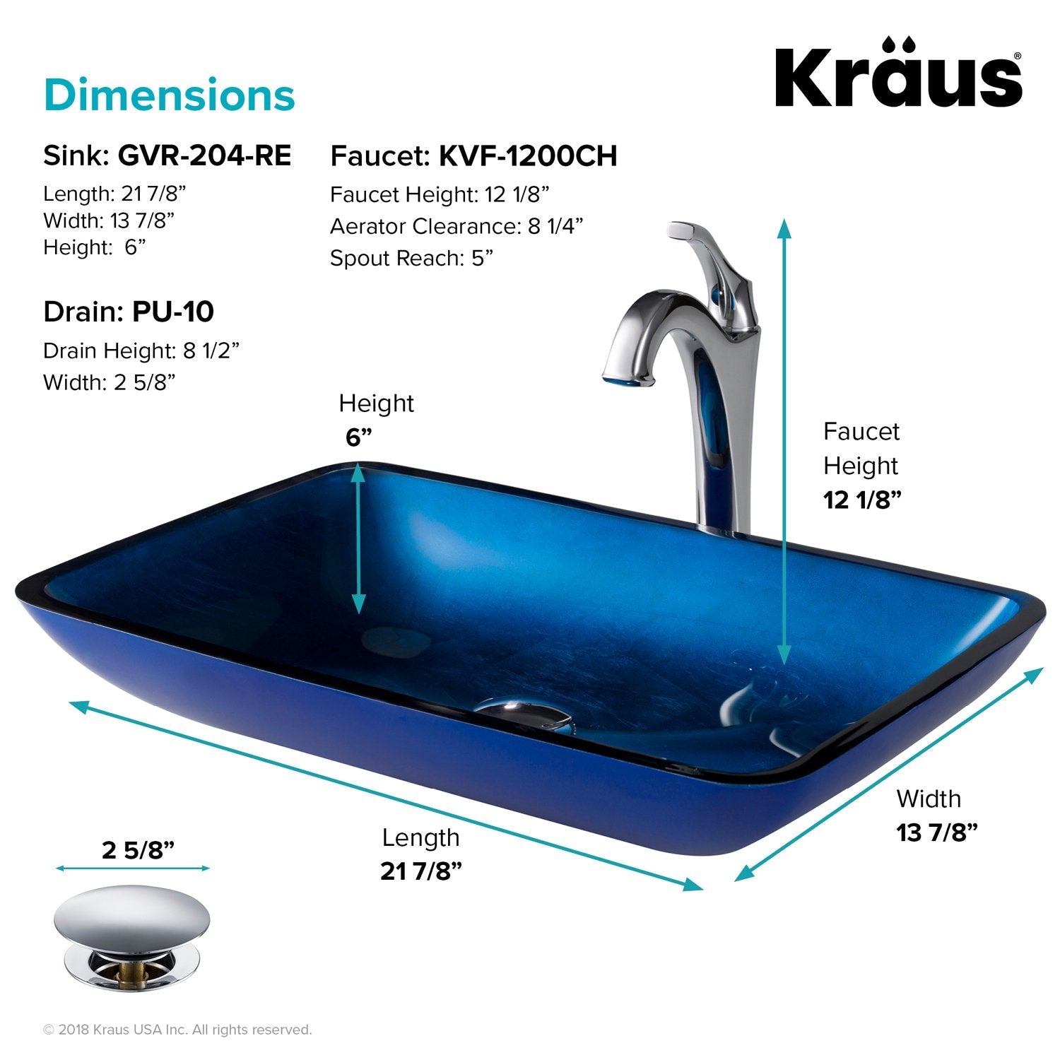 KRAUS 22-Inch Rectangular Blue Glass Bathroom Vessel Sink and Arlo Faucet  Combo Set with Pop-Up Drain