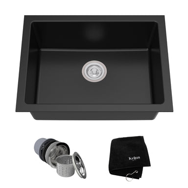 KRAUS 24 Inch Dual Mount Single Bowl Granite Kitchen Sink with Topmount and Undermount Installation in Black Onyx-Kitchen Sinks-KRAUS