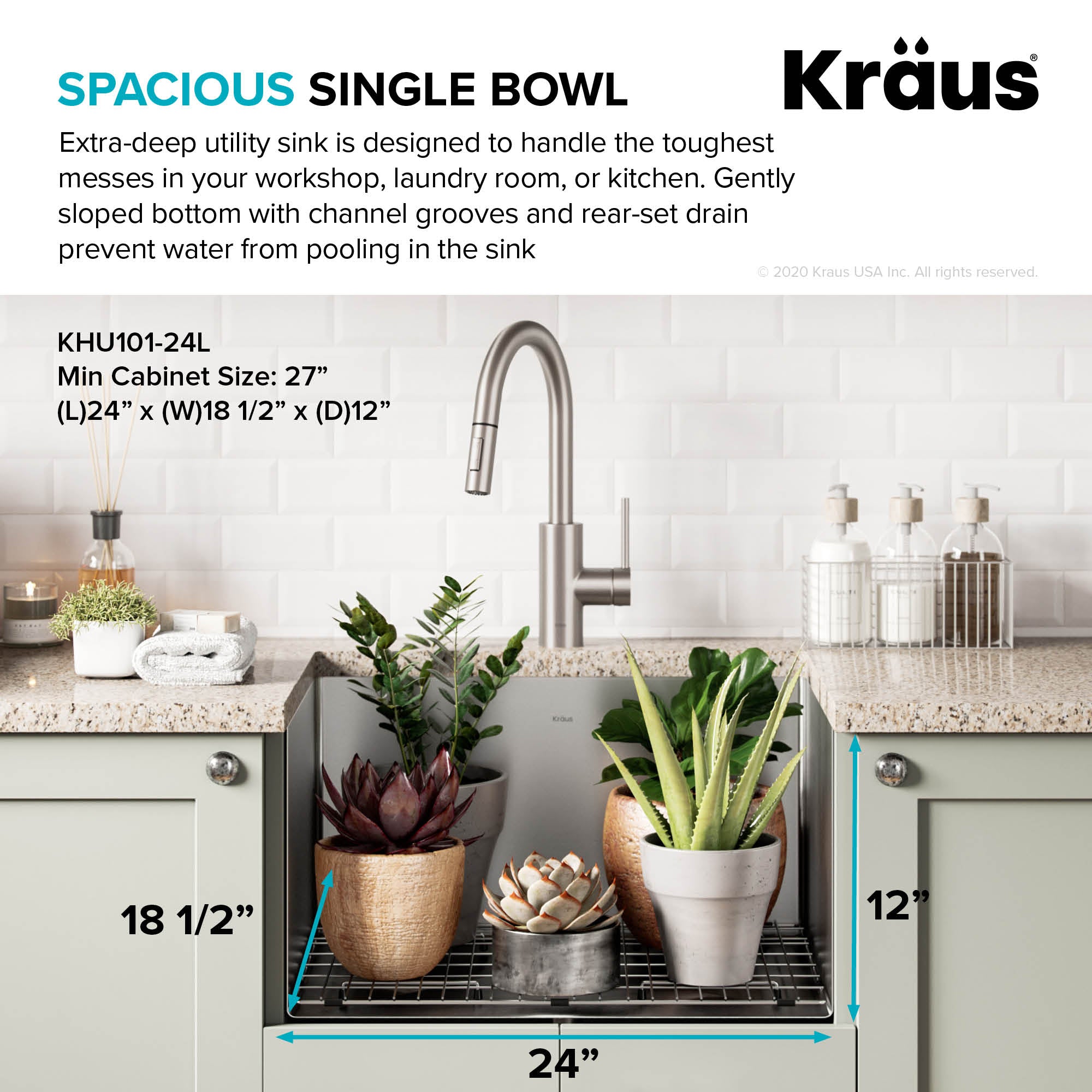 KRAUS 24" Undermount 16 Gauge Stainless Steel Laundry Utility Sink-Kitchen Sinks-DirectSinks