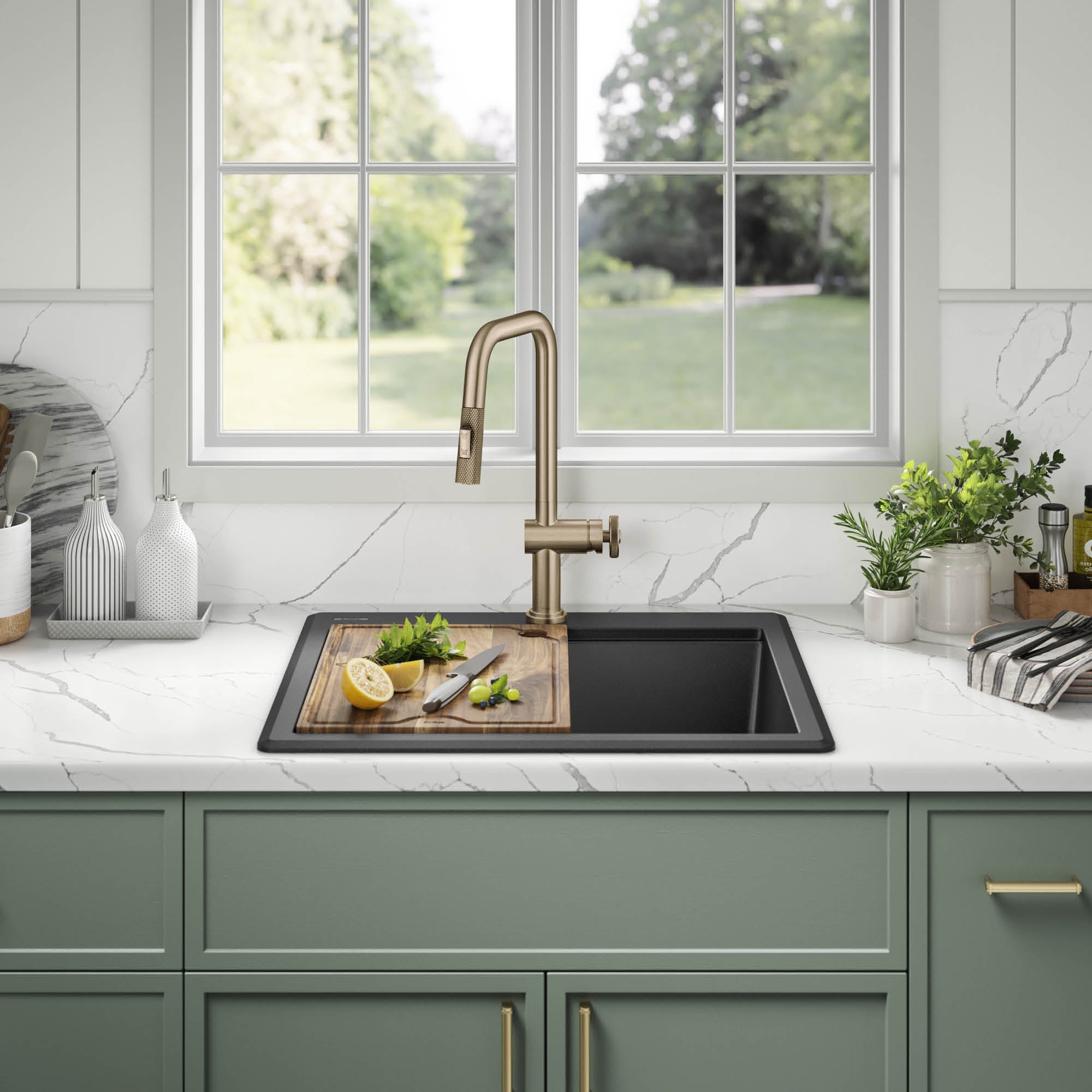 KRAUS 25” Drop-In Granite Composite Workstation Kitchen Sink in Metallic Black-DirectSinks