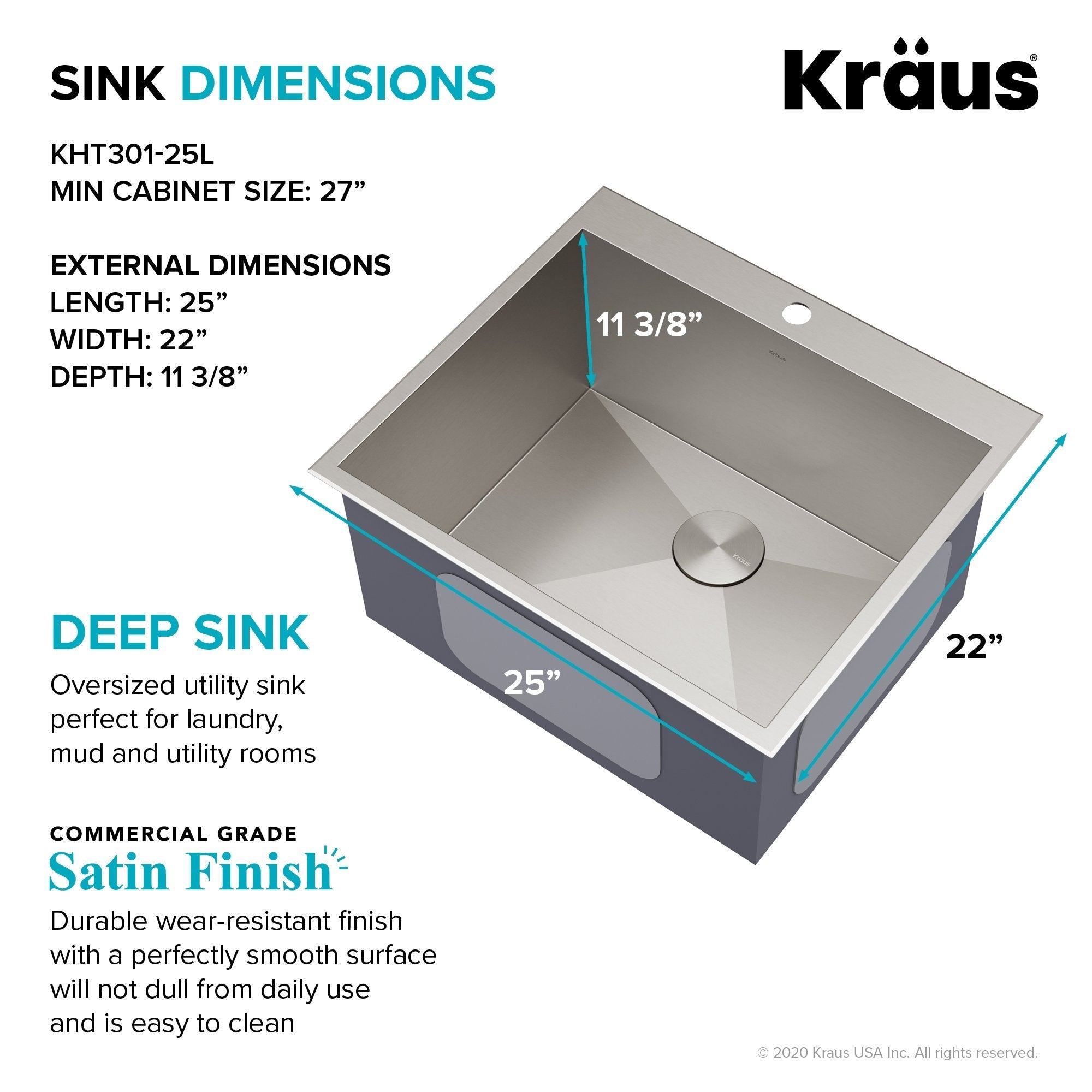 25 Dual Mount Drop-In 16 Gauge Single Bowl Deep Laundry Utility Sink