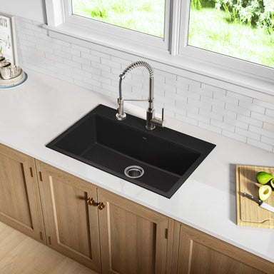 KRAUS 31" Dual Mount Single Bowl Granite Kitchen Sink with Topmount and Undermount Installation in Black Onyx-Kitchen Sinks-DirectSinks