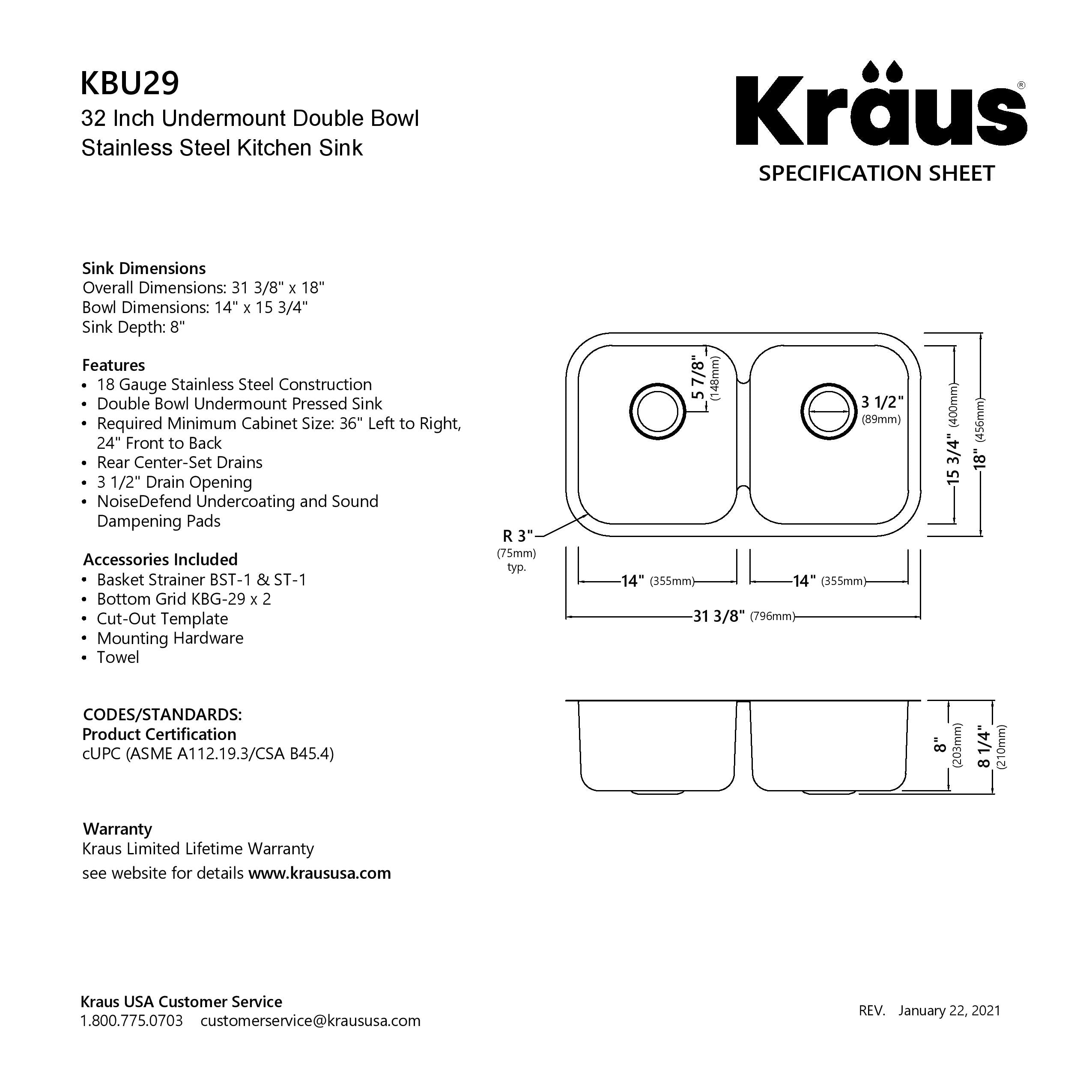 KRAUS 32" 18 Gauge Undermount 50/50 Double Bowl Stainless Steel Kitchen Sink-Kitchen Sinks-DirectSinks