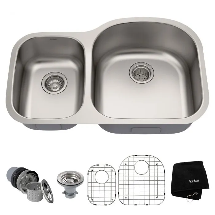 KRAUS 32" Undermount 40/60 Double Bowl 16 Gauge Stainless Steel Kitchen Sink with NoiseDefend Soundproofing-Kitchen Sinks-DirectSinks