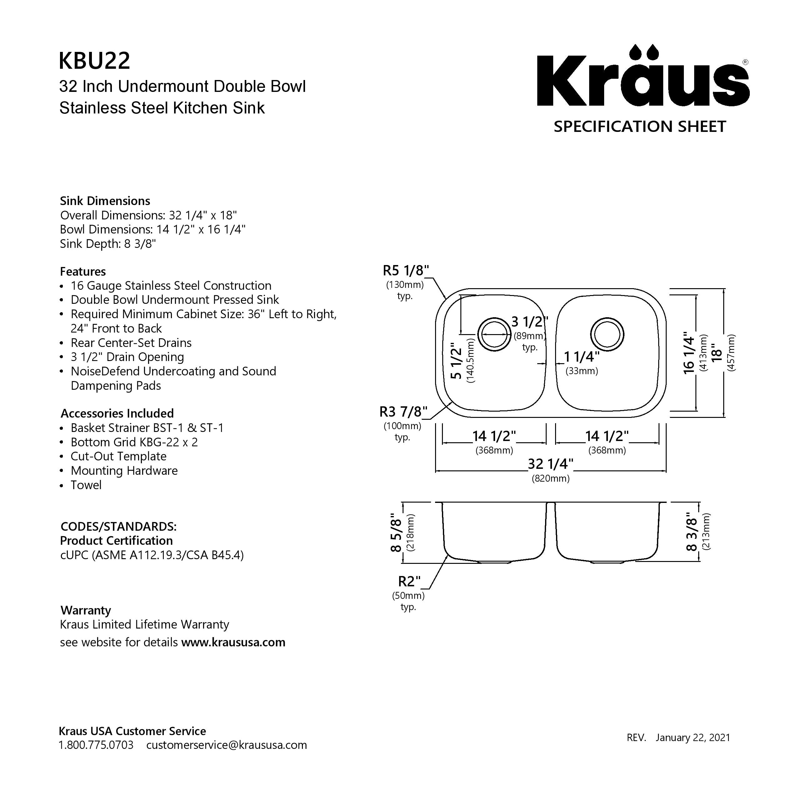 KRAUS 32" Undermount 50/50 Double Bowl 16 Gauge Stainless Steel Kitchen Sink-Kitchen Sinks-DirectSinks