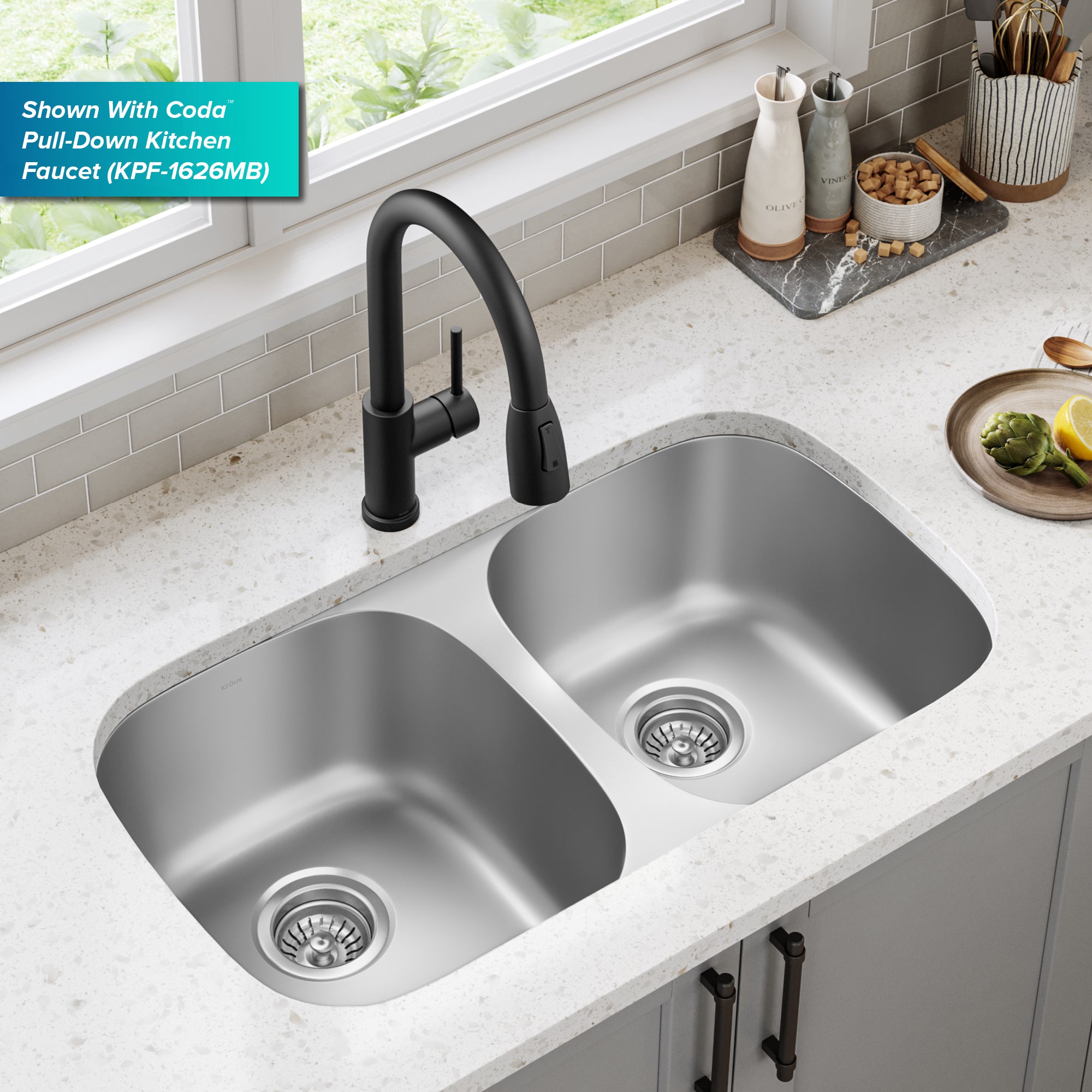 KRAUS 32" Undermount 50/50 Double Bowl 18 Gauge Stainless Steel Kitchen Sink-Kitchen Sinks-DirectSinks