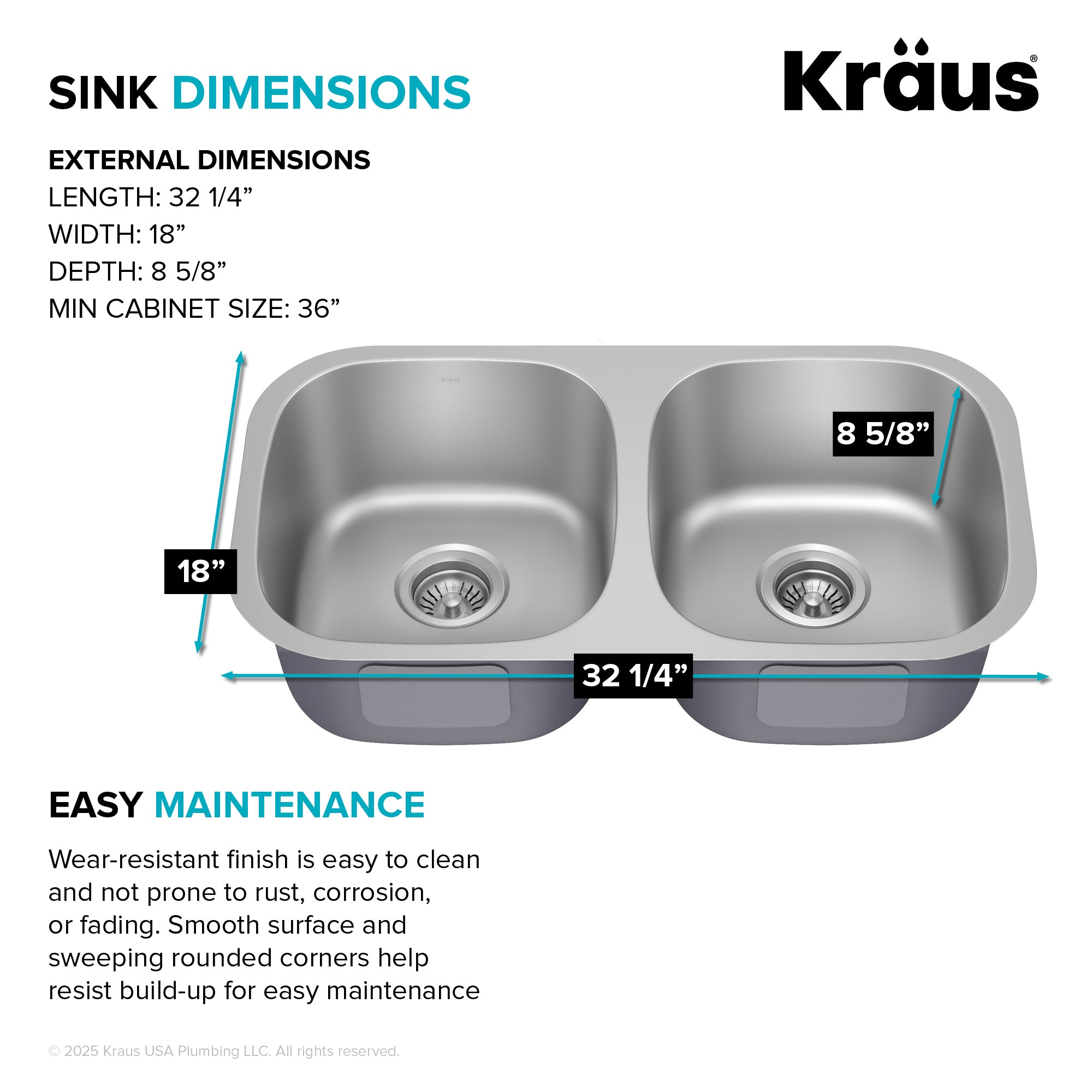 KRAUS 32" Undermount 50/50 Double Bowl 18 Gauge Stainless Steel Kitchen Sink-Kitchen Sinks-DirectSinks