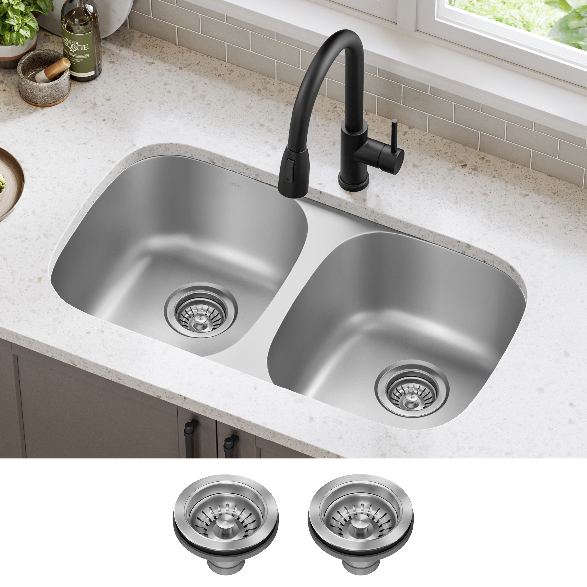 KRAUS 32" Undermount 50/50 Double Bowl 18 Gauge Stainless Steel Kitchen Sink-Kitchen Sinks-DirectSinks